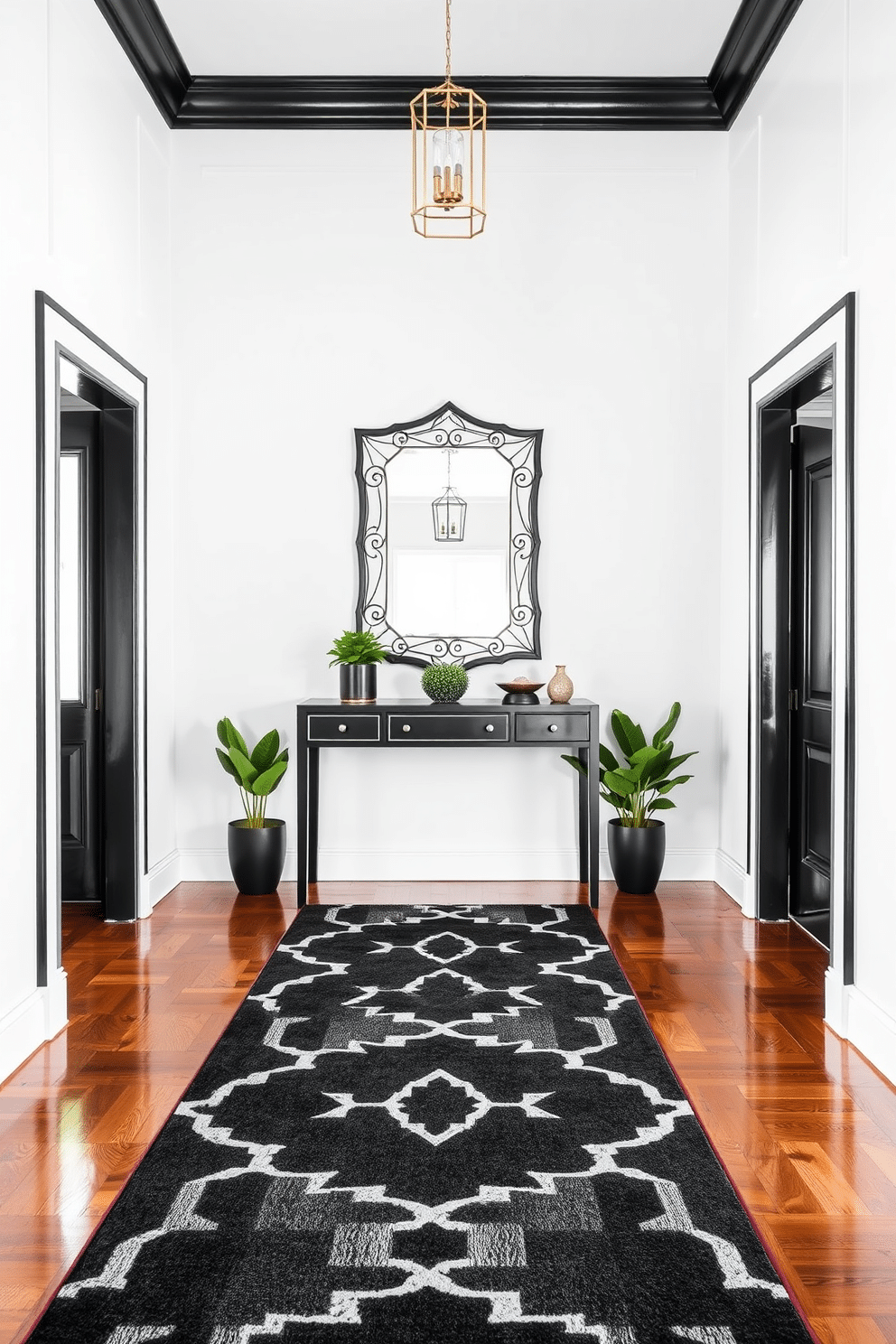 A stylish runner rug stretches across the foyer, featuring a bold geometric pattern that contrasts beautifully with the polished hardwood floor. The walls are painted in a crisp white, accented by sleek black trim, creating a modern and inviting entryway. In the center of the foyer, a striking black console table holds a decorative mirror with an ornate frame, enhancing the sense of depth in the space. Potted greenery flanks the table, adding a touch of freshness and warmth to the monochromatic design.