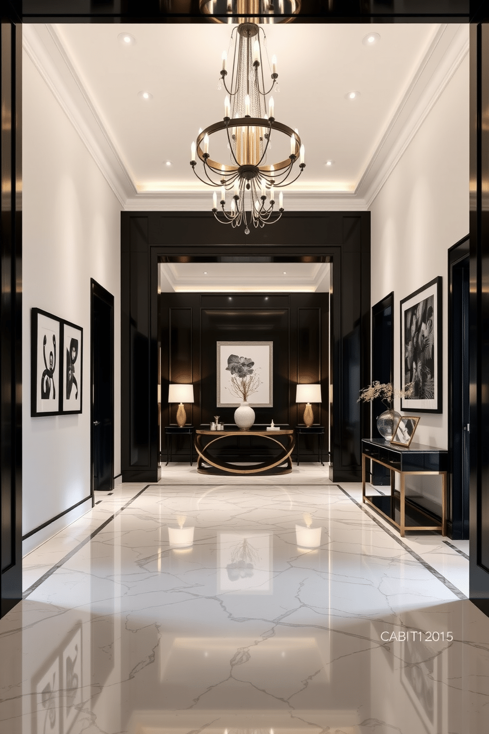 A stunning foyer featuring a grand black and white color scheme, with sleek marble flooring that contrasts beautifully with dark wood accents. An elegant chandelier hangs from the ceiling, casting a warm glow over the space and enhancing the luxurious atmosphere. The walls are adorned with framed black and white artwork, adding sophistication and depth to the design. A stylish console table sits against one wall, topped with decorative items and a chic vase, completing the refined look of this inviting entryway.