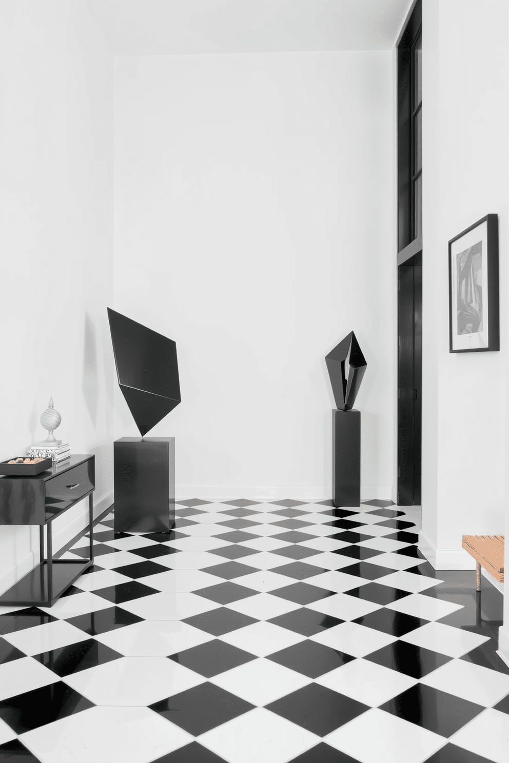 A striking foyer features modern geometric sculptures as focal points, strategically placed on pedestals to draw the eye. The floor is adorned with a sleek black and white checkerboard pattern, enhancing the contemporary aesthetic. The walls are painted in a crisp white, providing a clean backdrop for the bold sculptures. A minimalist console table in black sits against one wall, topped with a few carefully selected decorative items that complement the overall design.