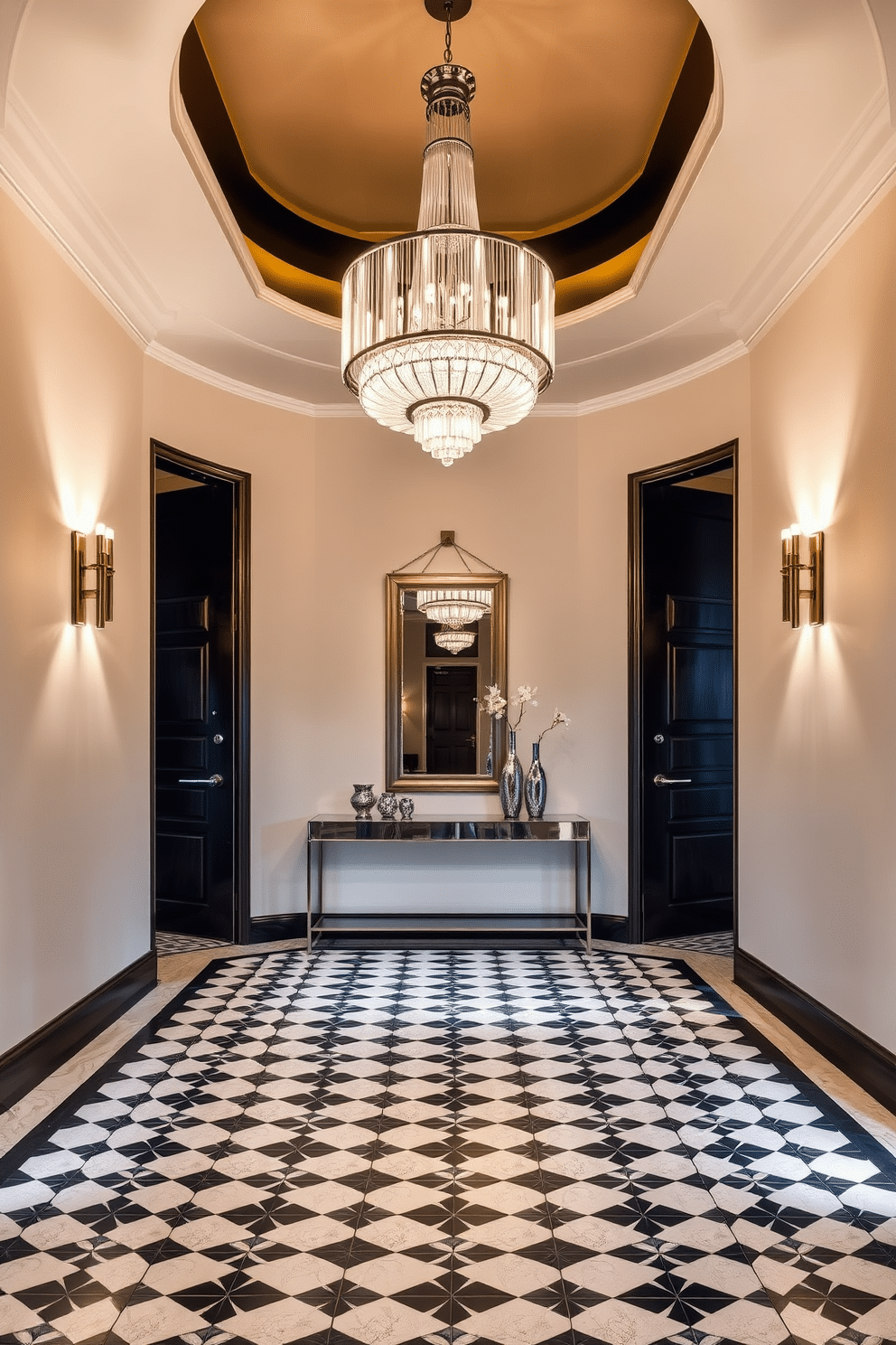 A stunning foyer that utilizes layered lighting to create a warm and inviting ambiance. The space features a grand chandelier as the focal point, complemented by wall sconces that provide soft illumination along the sides. The floor is adorned with a striking black and white patterned tile, enhancing the elegance of the design. A sleek console table sits against one wall, topped with a decorative mirror and a few carefully curated accessories for added sophistication.