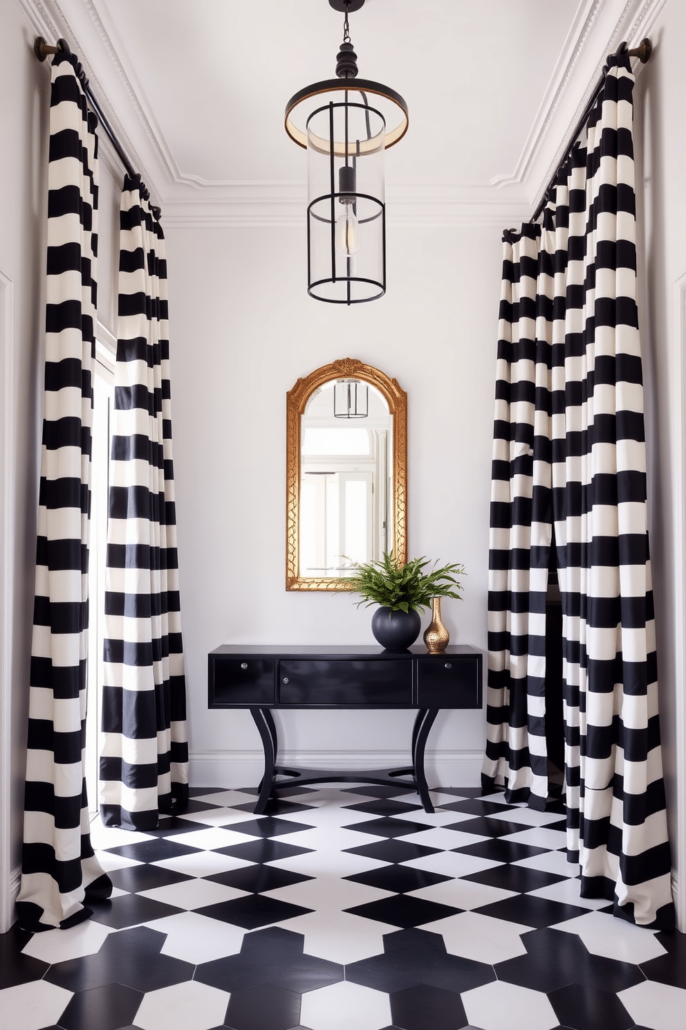 A striking foyer features bold black and white striped curtains that cascade elegantly to the floor, framing a grand entrance. The walls are painted in a soft white, providing a crisp backdrop for a dramatic black console table adorned with fresh greenery and a statement mirror above. The flooring showcases a classic black and white checkered pattern, enhancing the visual impact of the space. A stylish pendant light hangs from the ceiling, casting a warm glow and accentuating the sophisticated contrast of the decor.