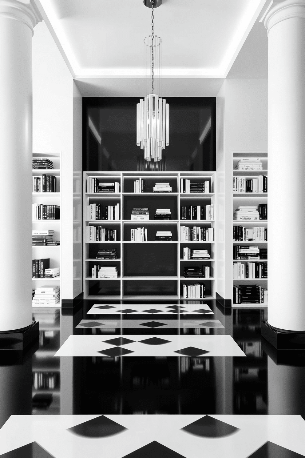 An artful display of books in monochrome colors showcases a curated selection arranged on sleek, minimalist shelves. The books are organized by size and color, creating a striking visual impact that emphasizes the elegance of simplicity. For the black and white foyer design, envision a grand entrance featuring a bold black and white geometric patterned floor. Flanking the doorway are tall, sleek white columns, and above hangs a modern chandelier that complements the monochromatic theme.