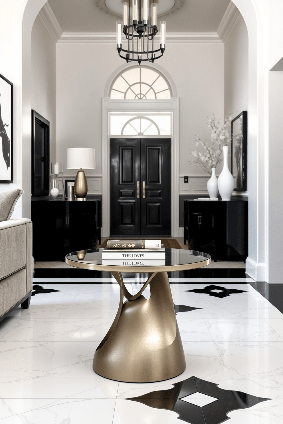 A sleek side table with a unique design features a sculptural base made of brushed metal, topped with a smooth, round glass surface. It is positioned beside a plush, modern sofa, accentuated by a stylish table lamp and a few carefully curated art books. The foyer showcases a striking black and white design, with bold geometric patterns on the floor tiles that draw the eye. Flanking the entrance are elegant black console tables adorned with white vases, creating a sophisticated contrast against the crisp white walls.