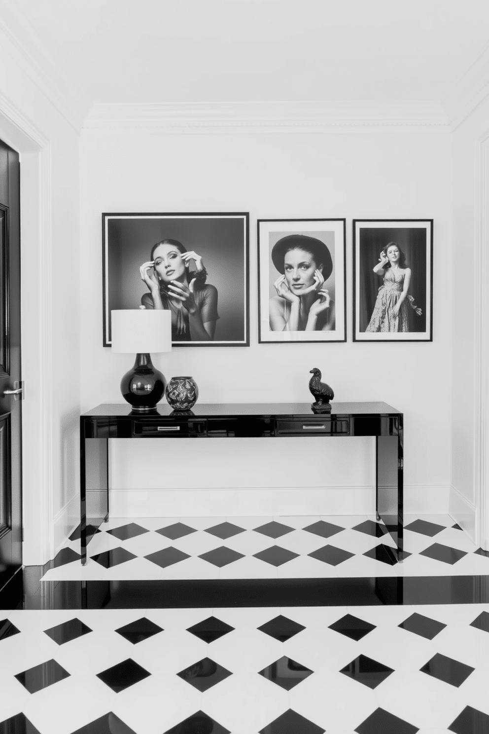 A striking foyer featuring black and white artwork that serves as a bold focal point. The walls are adorned with large, framed black and white photographs, creating a dramatic contrast against the soft, neutral tones of the room. The flooring is a sleek black and white checkerboard pattern, enhancing the visual impact of the space. A modern console table in a glossy black finish sits against the wall, topped with decorative objects in complementary monochrome hues.