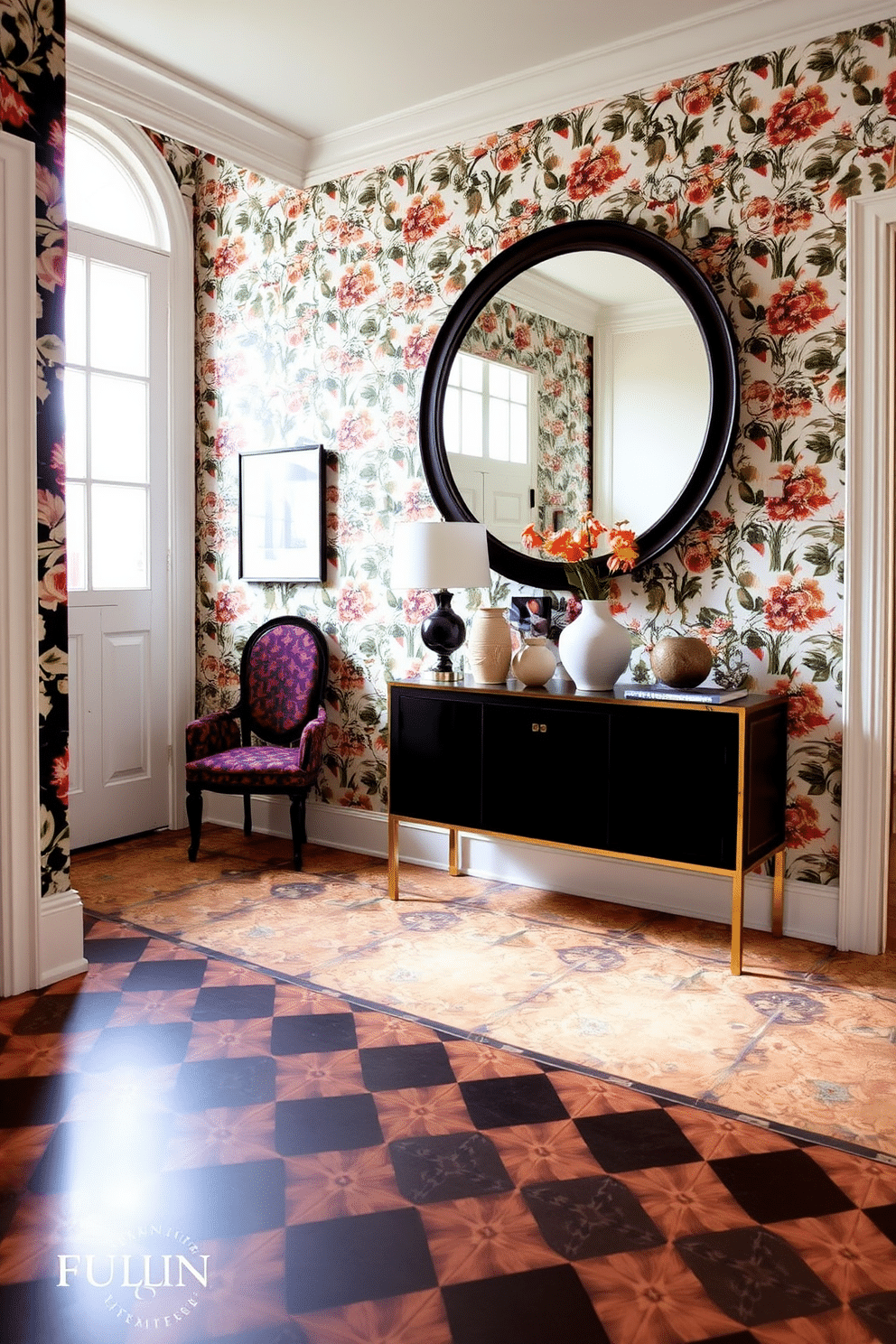 A stunning foyer that embraces eclectic charm through a mix of bold patterns and textures. The floor is adorned with a vibrant geometric tile, while the walls feature a striking wallpaper with a floral design in contrasting colors. A sleek, black console table sits against one wall, topped with a collection of decorative items in varying shapes and sizes. A large, round mirror with a black frame hangs above the table, reflecting the natural light that streams in from a nearby window.