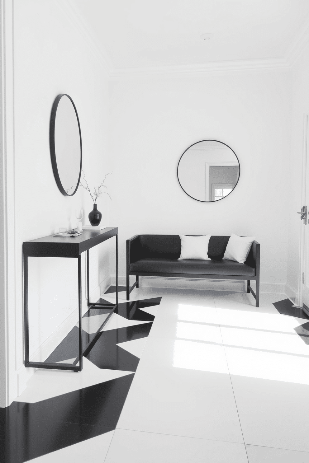 A sleek black bench with white cushions is positioned against a backdrop of crisp white walls, creating a striking contrast. The floor is adorned with large black and white geometric tiles that enhance the modern aesthetic of the foyer. To the left, a minimalist console table in black complements the bench, topped with a few carefully curated decorative items. A large round mirror with a thin black frame hangs above the table, reflecting natural light and adding depth to the space.