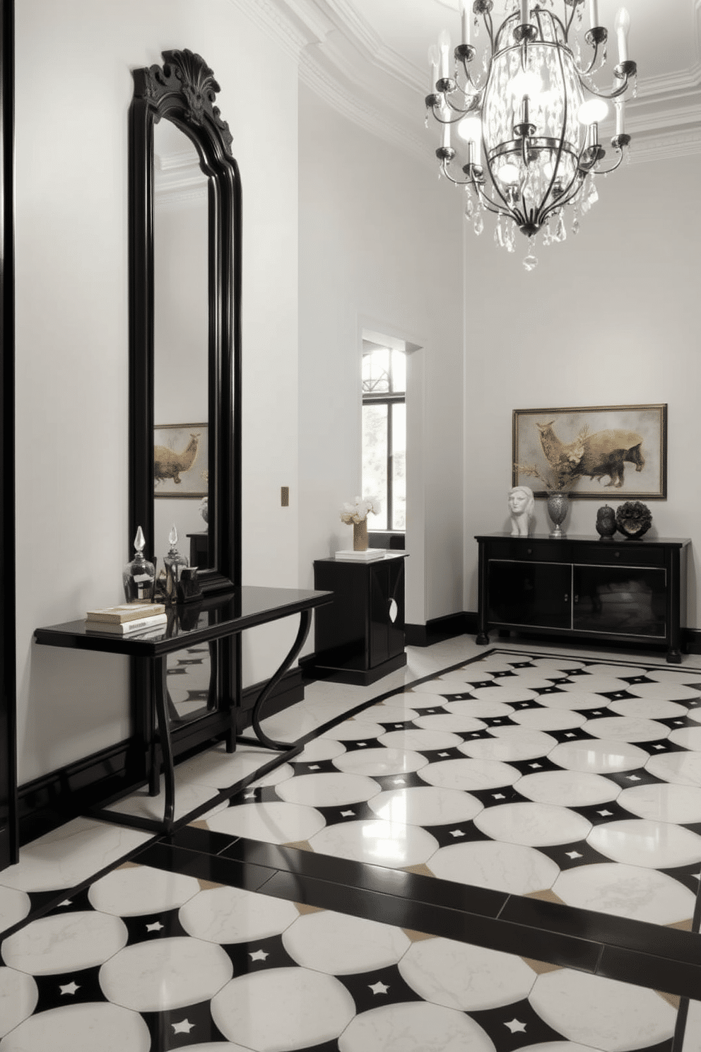 A stunning foyer featuring a vintage mirror framed in black wood, reflecting the elegance of the space. The floor is adorned with a striking black and white patterned tile, enhancing the sophisticated atmosphere. On one side, a sleek console table holds decorative items, complementing the mirror's classic design. Soft lighting from a stylish chandelier casts a warm glow, inviting guests into the home.