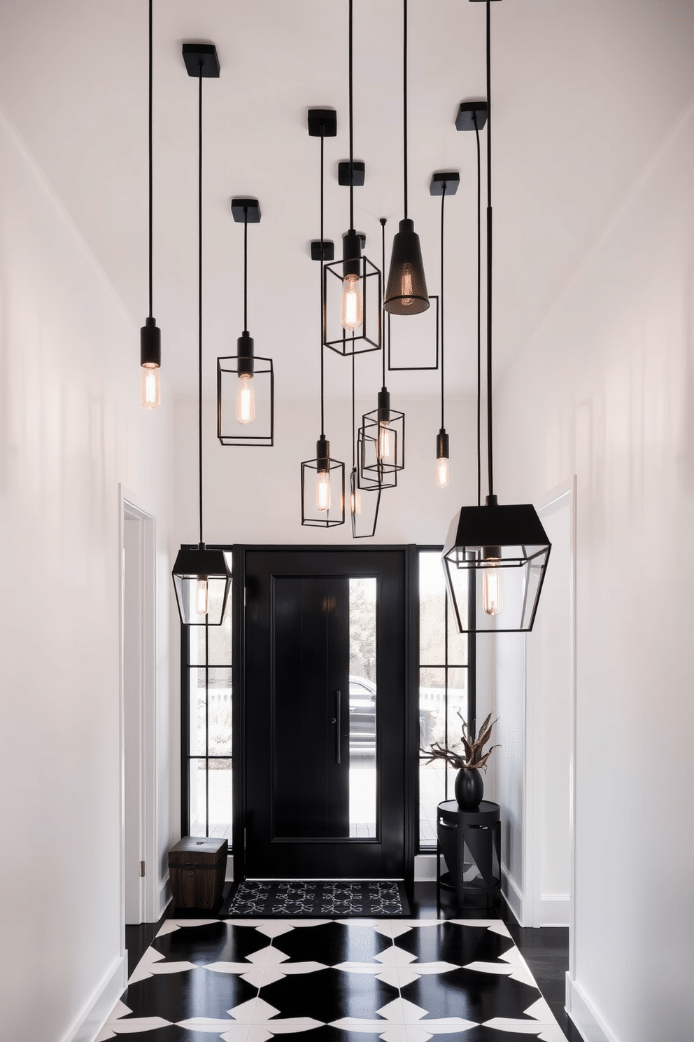 A collection of sleek, minimalist lighting fixtures hangs from the ceiling, casting a warm glow throughout the space. The fixtures feature geometric shapes and are finished in matte black, adding a touch of modern flair to the overall design. The foyer showcases a striking black and white color scheme, with bold geometric patterns on the floor. A large, framed mirror with a black border reflects the natural light, enhancing the airy feel of the entrance.