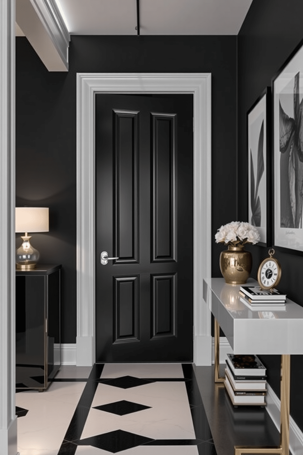 A striking foyer features a bold black door with crisp white trim, creating a dramatic entrance. The space is complemented by a black and white color palette, with geometric patterned tiles underfoot that enhance the modern aesthetic. On one side, a sleek console table in a high-gloss finish holds a stylish lamp and decorative accessories. The walls are adorned with black and white artwork, adding visual interest and sophistication to the overall design.