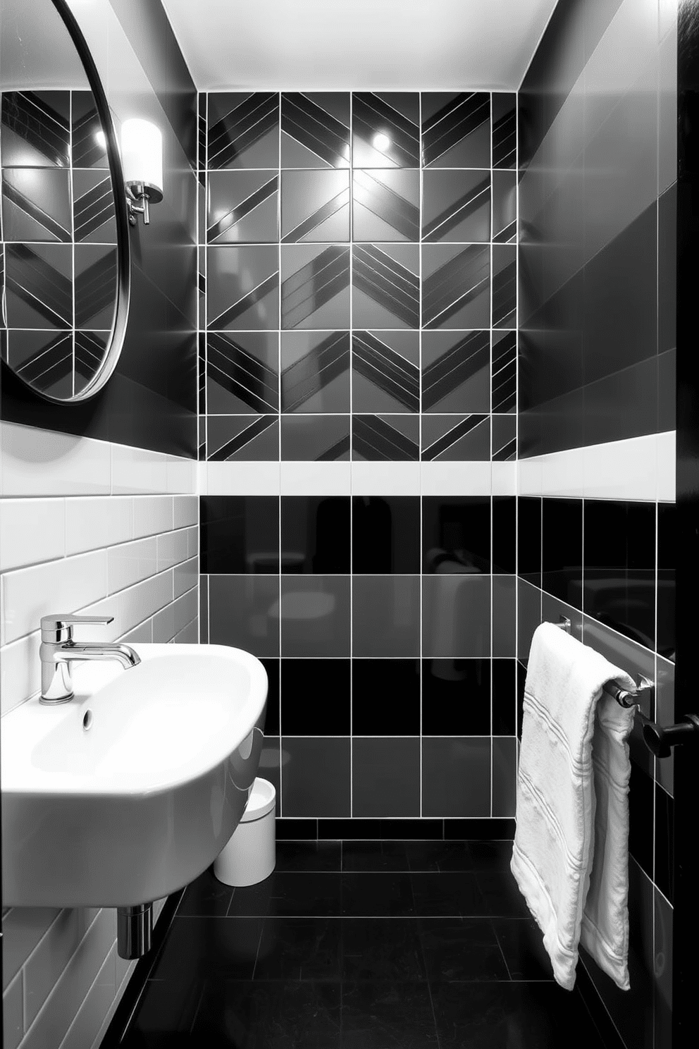 A stylish powder room featuring bold geometric tiles on the accent wall, creating a striking visual impact. The black and white color scheme is complemented by sleek fixtures and minimalist decor, enhancing the modern aesthetic.