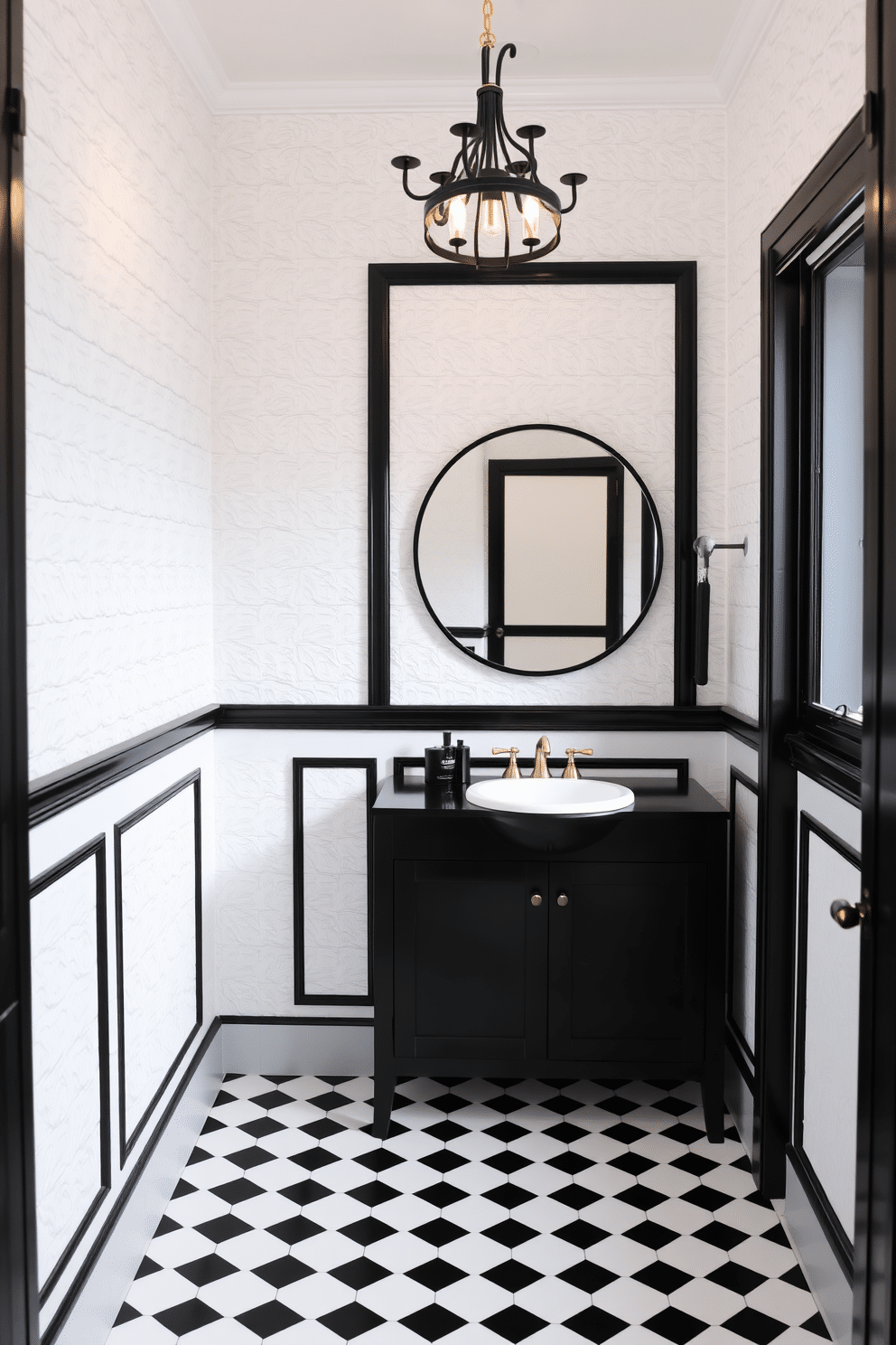 Textured white walls with black trim create a striking contrast in this elegant powder room. The space features a sleek black vanity with a white marble sink and a large round mirror framed in black. The floor is adorned with classic black and white checkerboard tiles, enhancing the timeless appeal of the design. A stylish black and gold light fixture hangs above, providing a warm glow that complements the monochromatic theme.