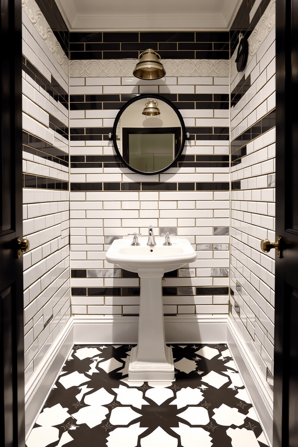 A chic powder room featuring classic black and white subway tiles on the walls, creating a timeless and elegant backdrop. The floor is adorned with a striking black and white geometric pattern, enhancing the room's sophisticated aesthetic. A sleek pedestal sink with a polished chrome faucet sits against the wall, complemented by a round mirror with a black frame above it. Soft lighting from a vintage-style sconce casts a warm glow, accentuating the contrasting colors and textures throughout the space.