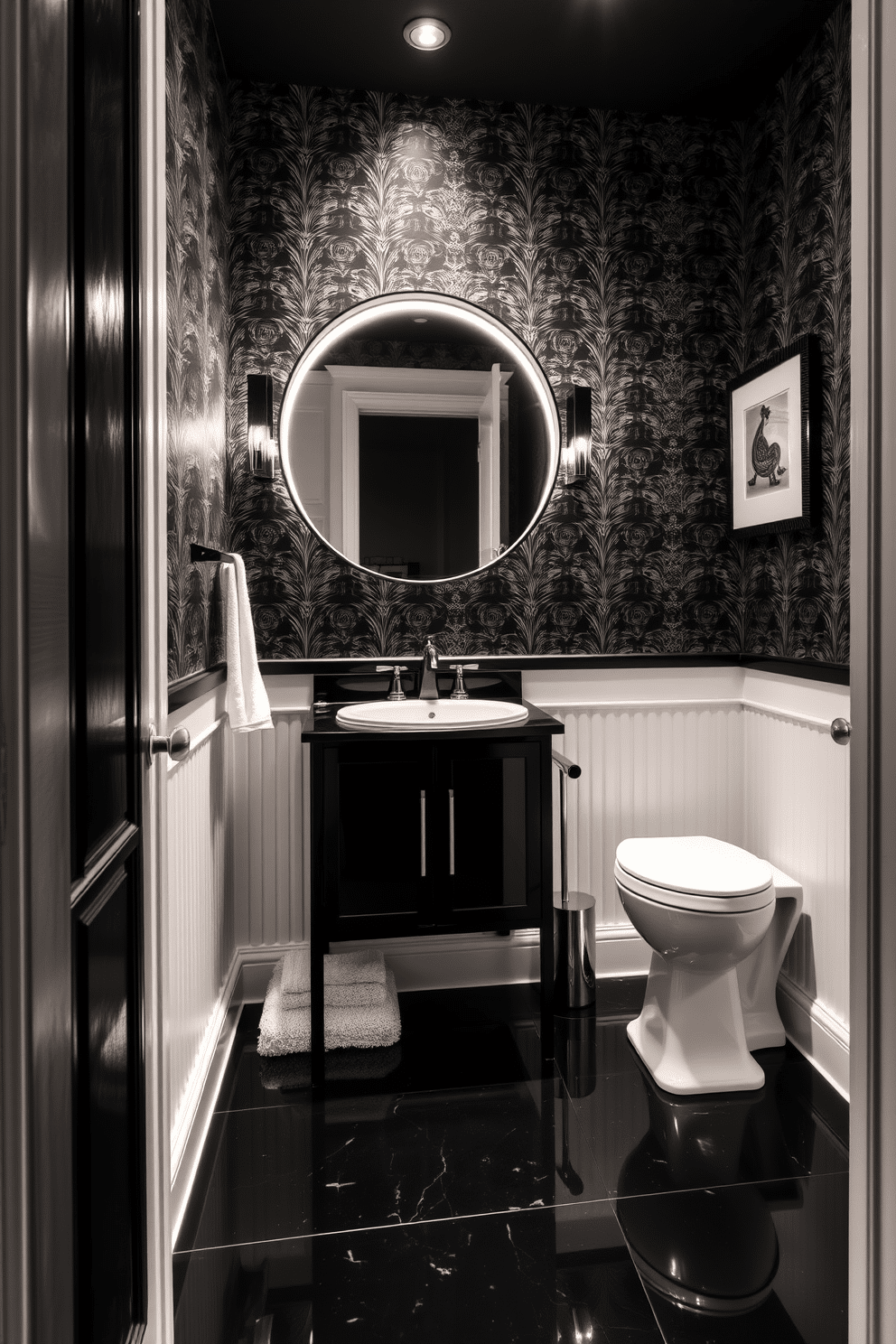 A striking black vanity with a sleek white basin serves as the centerpiece of this elegant powder room. The walls are adorned with a chic black and white wallpaper, adding a touch of sophistication to the space. Accent lighting highlights the vanity, while a large round mirror with a black frame reflects the stylish decor. The floor features glossy black tiles that contrast beautifully with the white fixtures, creating a harmonious balance in the design.