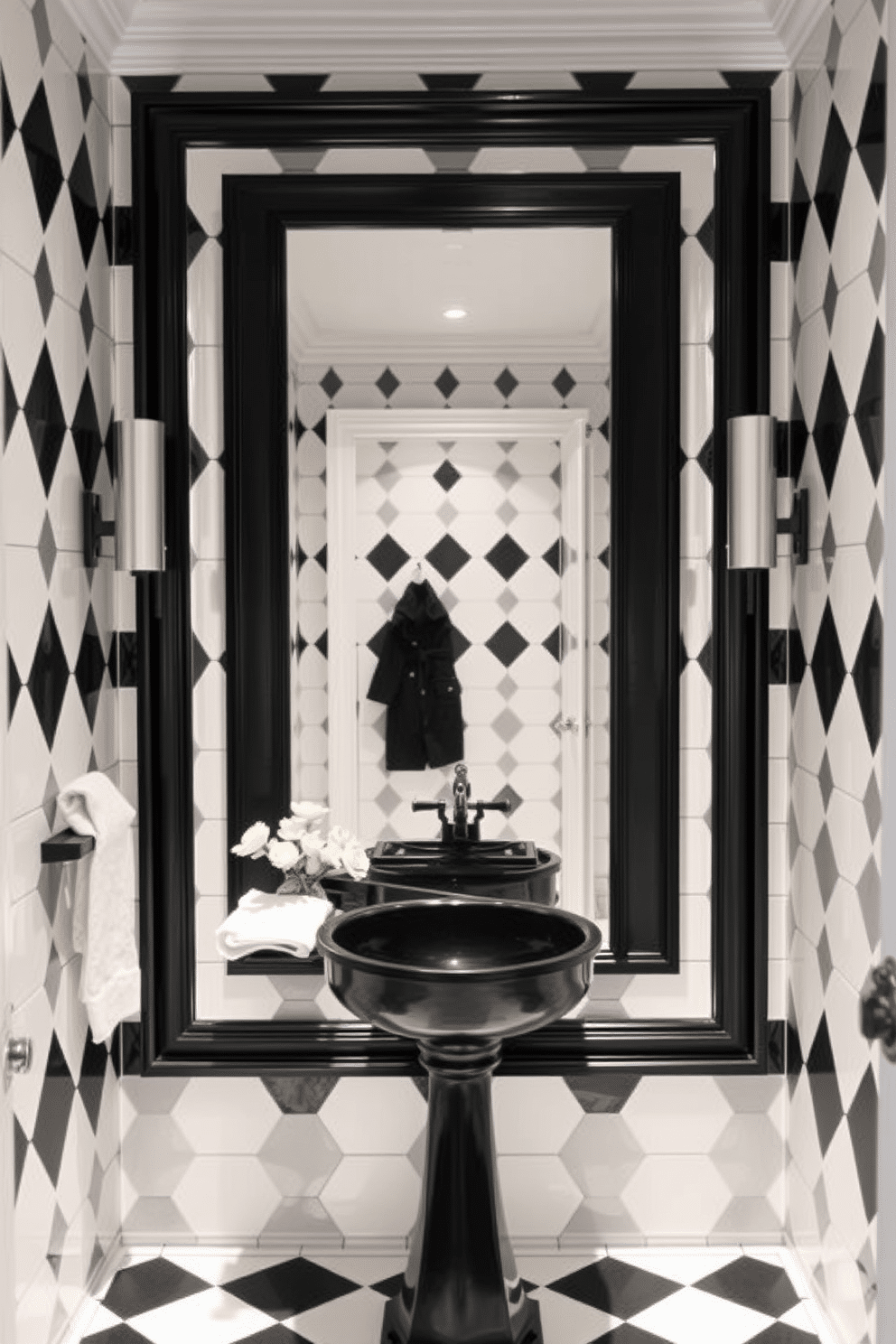 A striking black and white powder room features a large black framed mirror that adds depth and elegance to the space. The walls are adorned with chic black and white tiles, creating a bold contrast that enhances the room's sophistication.