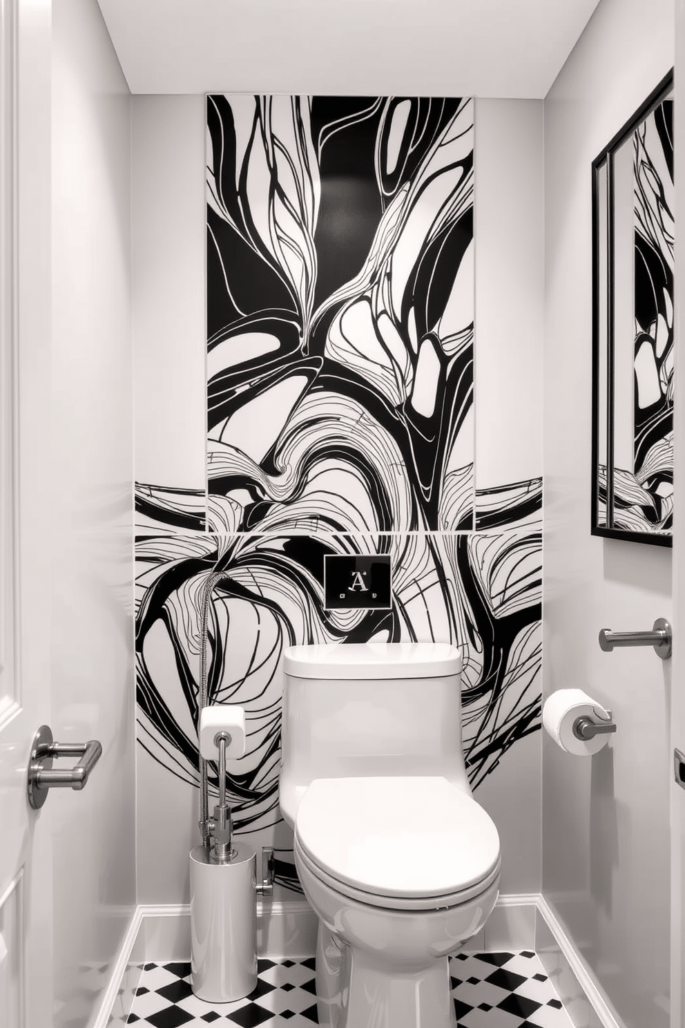 A stylish powder room featuring an artistic black and white tile backsplash that creates a striking focal point. The walls are adorned with sleek, modern fixtures, and the floor complements the backsplash with a subtle monochrome pattern.