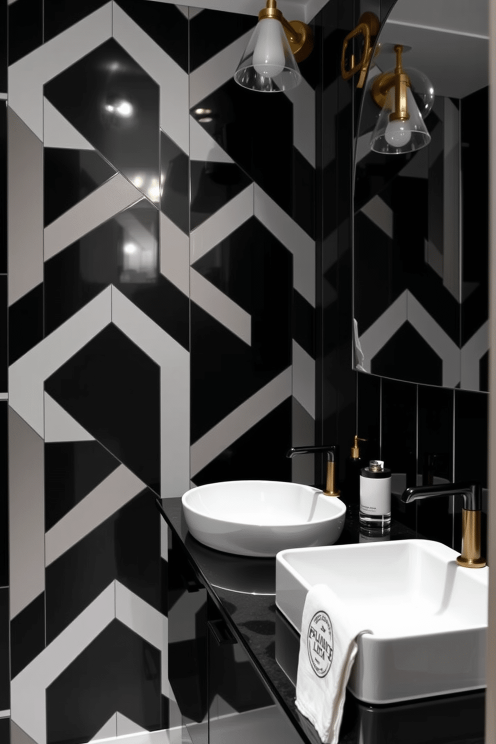 A modern black faucet elegantly contrasts with a sleek white sink, creating a striking focal point in the powder room. The walls are adorned with black and white geometric tiles, enhancing the contemporary aesthetic while providing a bold backdrop. A minimalist black vanity complements the design, featuring clean lines and a glossy finish. Accents of brass in the light fixtures and accessories add warmth and sophistication to the monochromatic space.