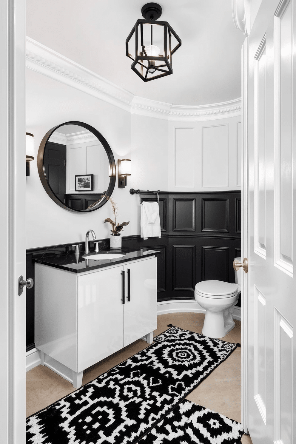 A chic powder room featuring layered rugs in striking black and white patterns, creating a bold visual statement. The walls are adorned with elegant black wainscoting, while the ceiling boasts a modern geometric light fixture that complements the rug design. The vanity is a sleek, contemporary piece in glossy white, topped with a black marble countertop that adds sophistication. Accentuating the space, a large round mirror with a black frame reflects the stylish elements, and a small potted plant adds a touch of greenery to the decor.