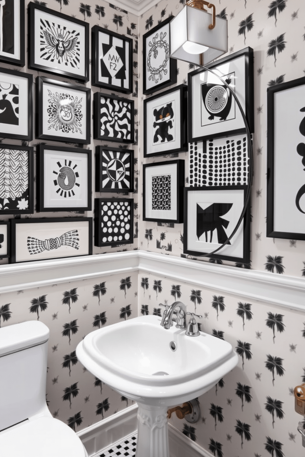 A whimsical black and white prints gallery features an eclectic mix of framed artwork, showcasing bold patterns and playful designs that draw the eye. The gallery wall is accented by sleek, modern lighting that highlights each piece, creating a dynamic focal point in the room. The black and white powder room design combines elegant fixtures with striking monochrome elements. A vintage pedestal sink sits against a backdrop of patterned wallpaper, while a playful art piece adds a touch of personality to the space.