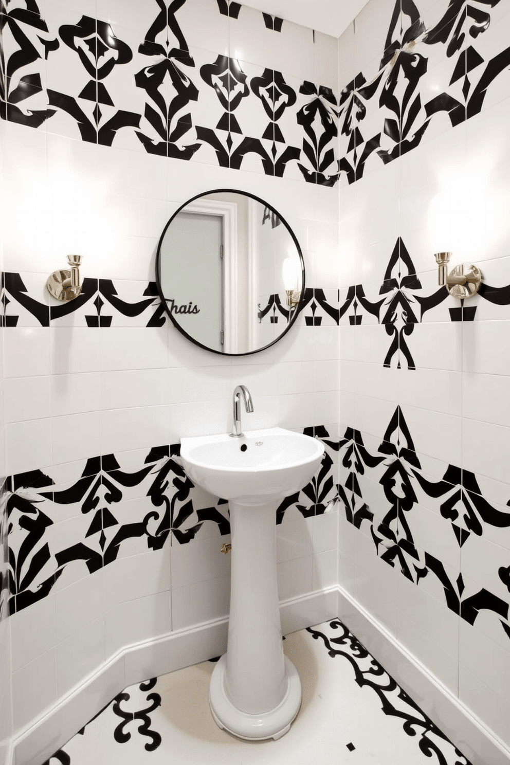 A stylish powder room featuring striking black and white geometric patterned shower tiles that add a modern flair. The space includes a sleek pedestal sink, a round mirror with a thin black frame, and elegant wall sconces that illuminate the room beautifully.