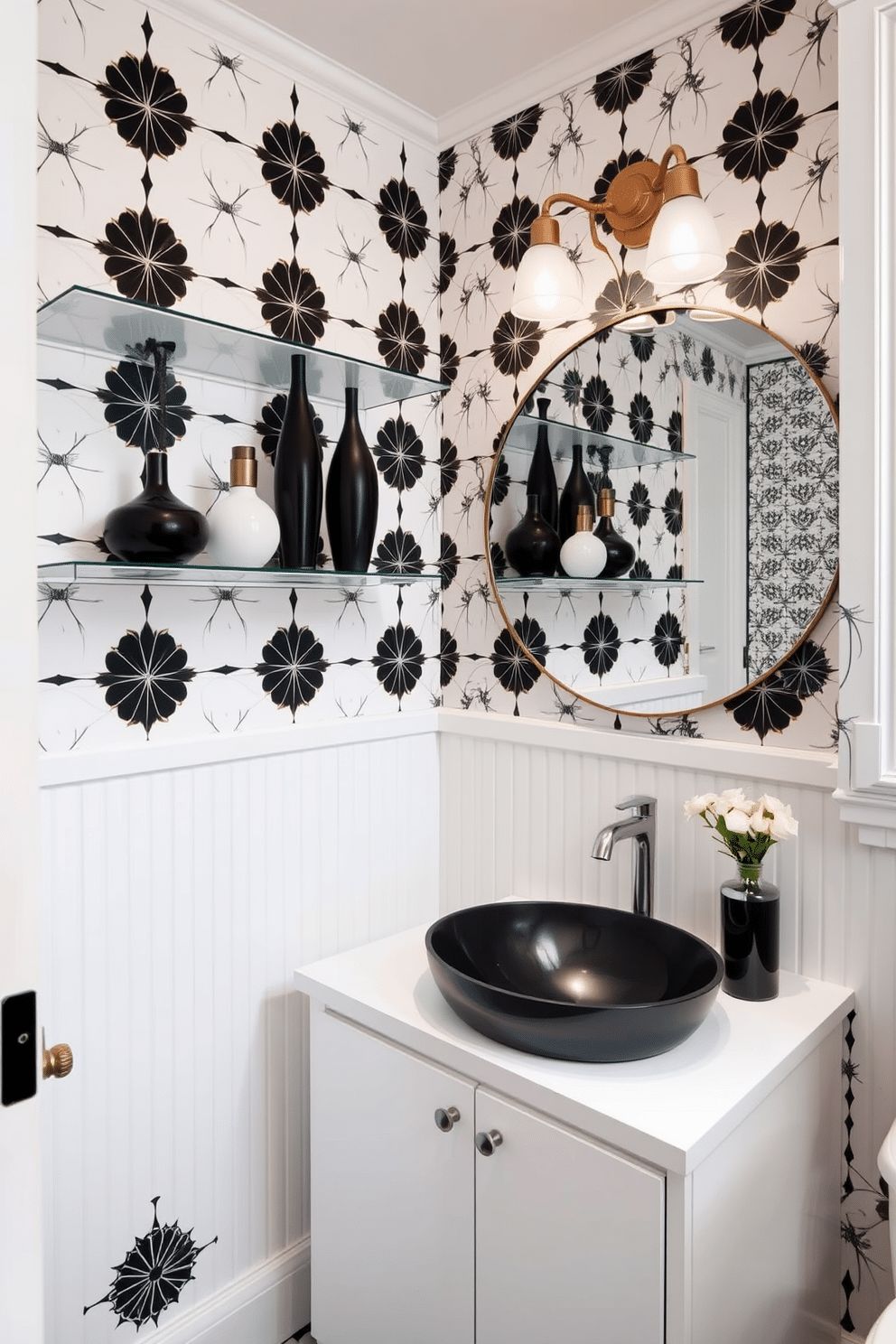 A chic powder room featuring a striking contrast of black and white elements. Decorative black and white vases are elegantly arranged on sleek, floating shelves, adding a touch of sophistication to the space. The walls are adorned with a bold black-and-white patterned wallpaper that creates visual interest. A minimalist white vanity with a black sink complements the overall design, while a large round mirror enhances the room's brightness.