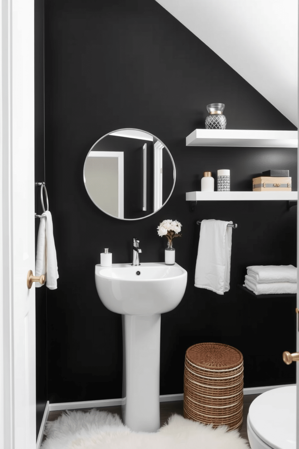 A bold black accent wall serves as the striking backdrop for a chic powder room, complemented by sleek white decor elements. A modern white pedestal sink is paired with a stylish round mirror, creating a stunning contrast against the dark wall. The space features minimalist white shelves adorned with decorative items, enhancing the room's elegance. A plush white rug lies beneath, adding warmth and comfort to the sophisticated black and white aesthetic.