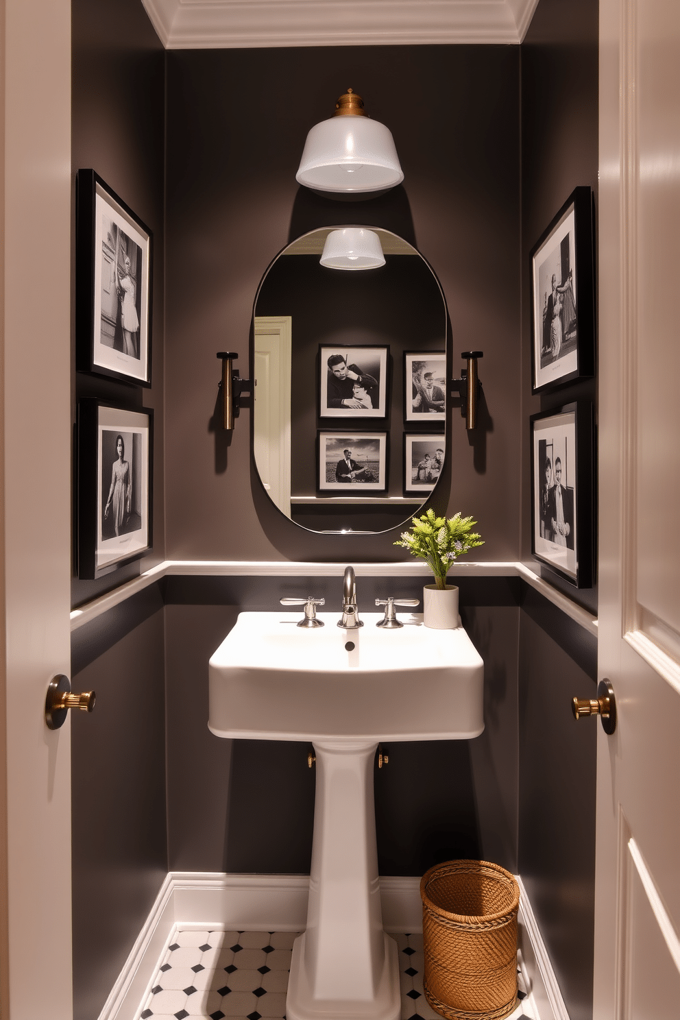 A stylish powder room featuring vintage black and white photographs elegantly displayed on the walls. The space is accented with a classic pedestal sink and a sleek, wall-mounted mirror that reflects the timeless charm of the decor.