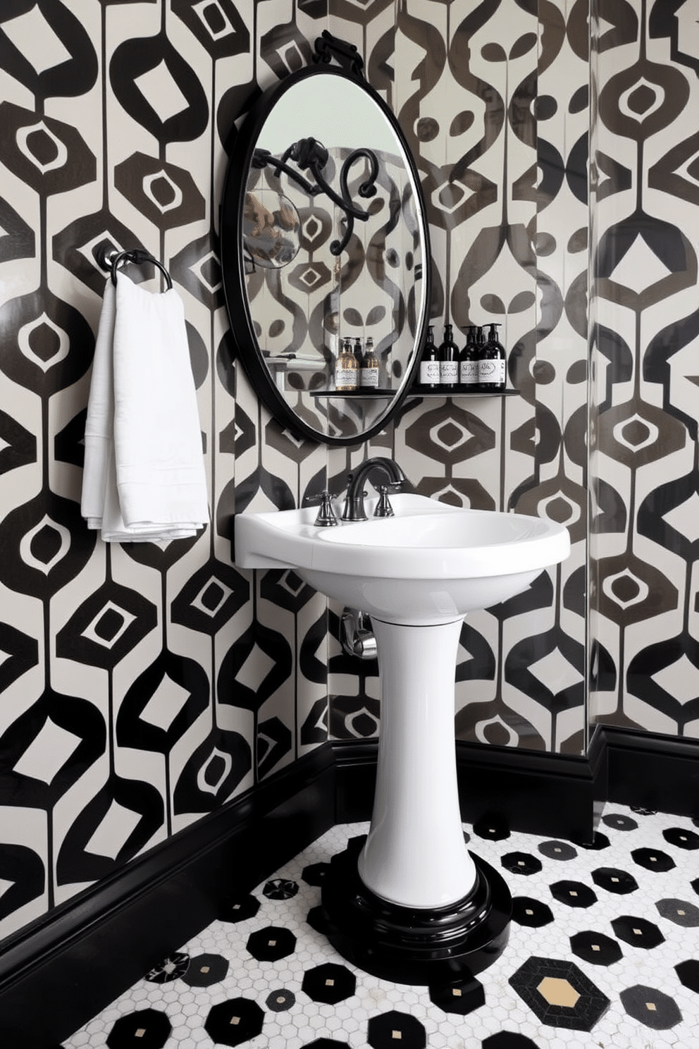 An elegant pedestal sink with sleek black accents stands as the centerpiece of a stylish powder room. The walls are adorned with bold black and white wallpaper featuring a geometric pattern, creating a striking backdrop. A large, round mirror with a black frame reflects the sophisticated design, while a small, decorative shelf above the sink holds stylish toiletries. The flooring consists of black and white hexagonal tiles, enhancing the room's modern aesthetic.