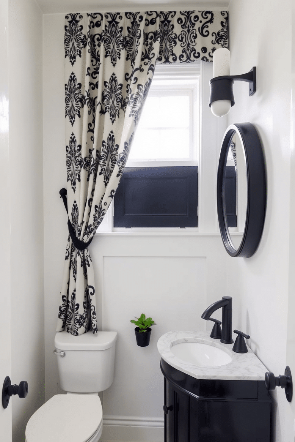 A charming powder room features elegant black and white patterned curtains that frame a small window, adding a touch of sophistication. The walls are painted in a soft white, contrasting beautifully with the dark accents of the fixtures and decor. The vanity is a sleek black design with a white marble countertop, complemented by a stylish round mirror with a black frame. Decorative elements, such as a small potted plant and chic hand towels, enhance the overall aesthetic of this inviting space.