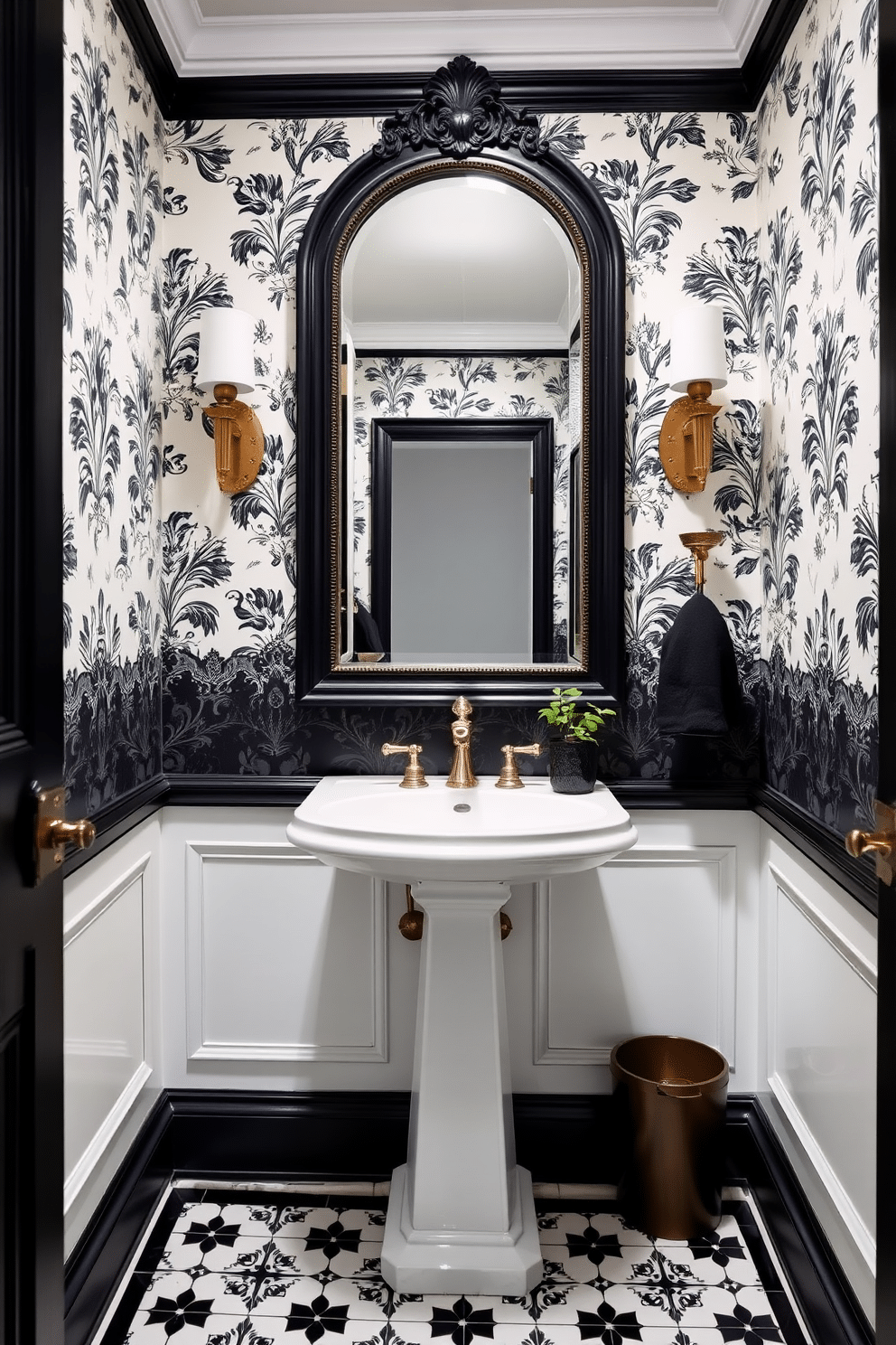 A vintage mirror framed in black wood is the centerpiece of this elegant powder room. The walls are adorned with classic black and white wallpaper, creating a timeless backdrop for the striking decor. The floor features intricate black and white tiles that add depth and character to the space. A sleek pedestal sink complements the design, while a small potted plant brings a touch of freshness to the room.