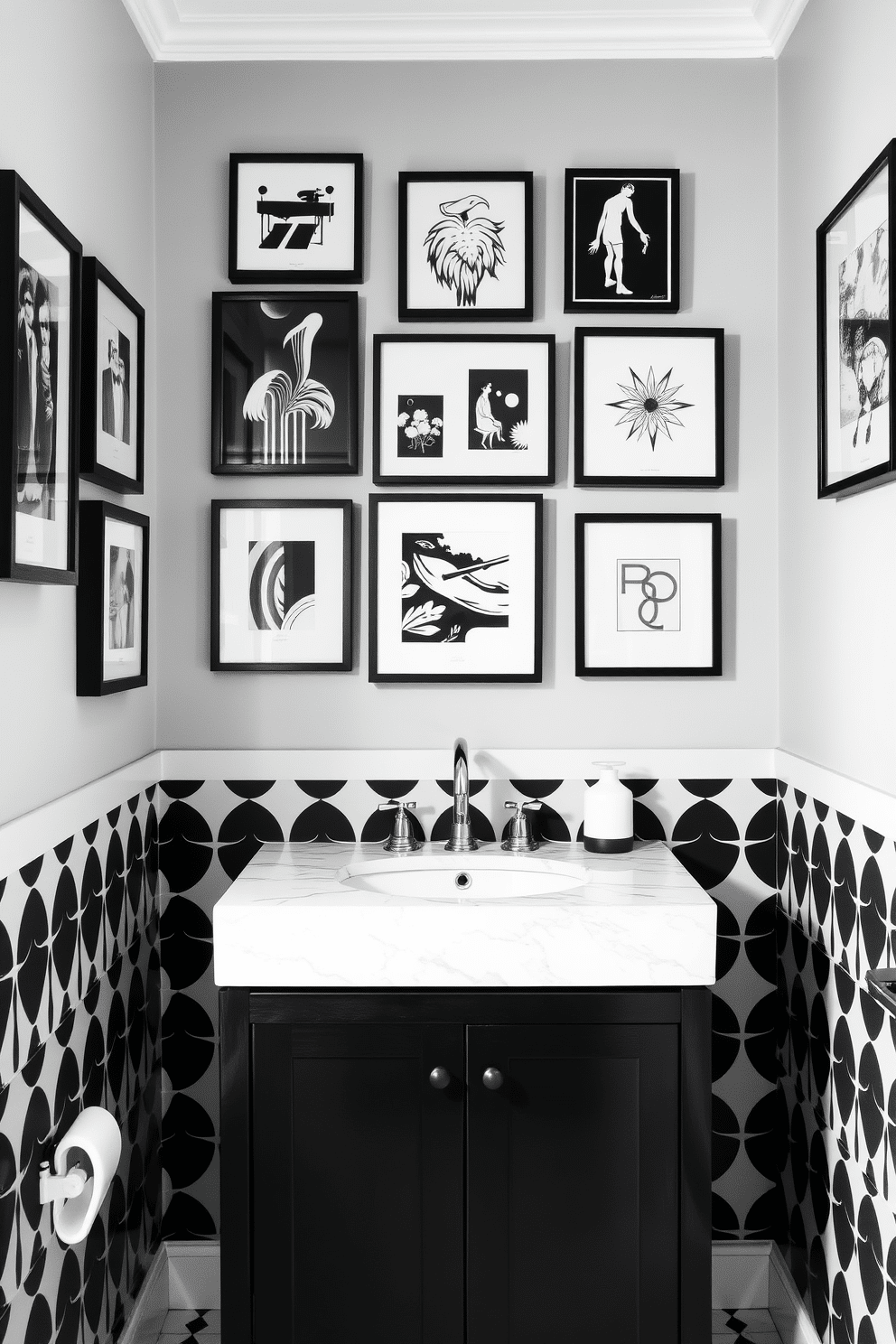 Monochrome art pieces for wall decor. The room features a gallery wall adorned with various black and white framed artworks, creating a striking contrast against the light gray walls. Black and White Powder Room Design Ideas. The powder room showcases a sleek black vanity with a white marble sink, complemented by a geometric black and white wallpaper that adds depth and intrigue to the space.