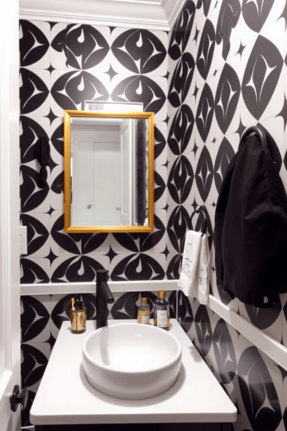 A chic powder room featuring a striking contrast of black fixtures against a pristine white porcelain sink. The walls are adorned with bold black and white geometric wallpaper, creating a modern yet timeless aesthetic. A sleek black vanity complements the design, with a polished white countertop that enhances the overall brightness of the space. Accents of gold in the mirror frame and decorative accessories add a touch of elegance to this stylish black and white retreat.