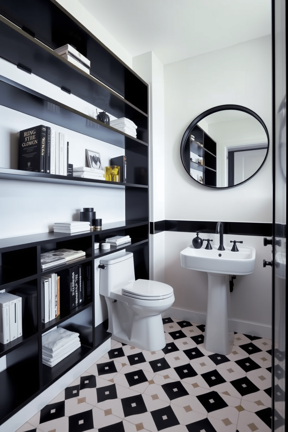 A minimalist black shelving unit lines the wall, showcasing neatly arranged books and decorative items. The shelves are complemented by a sleek black and white color palette that enhances the room's modern aesthetic. The powder room features a striking black and white design, with geometric tiles creating a bold statement on the floor. A compact white vanity with a black faucet sits against the wall, while a large round mirror reflects the elegant simplicity of the space.