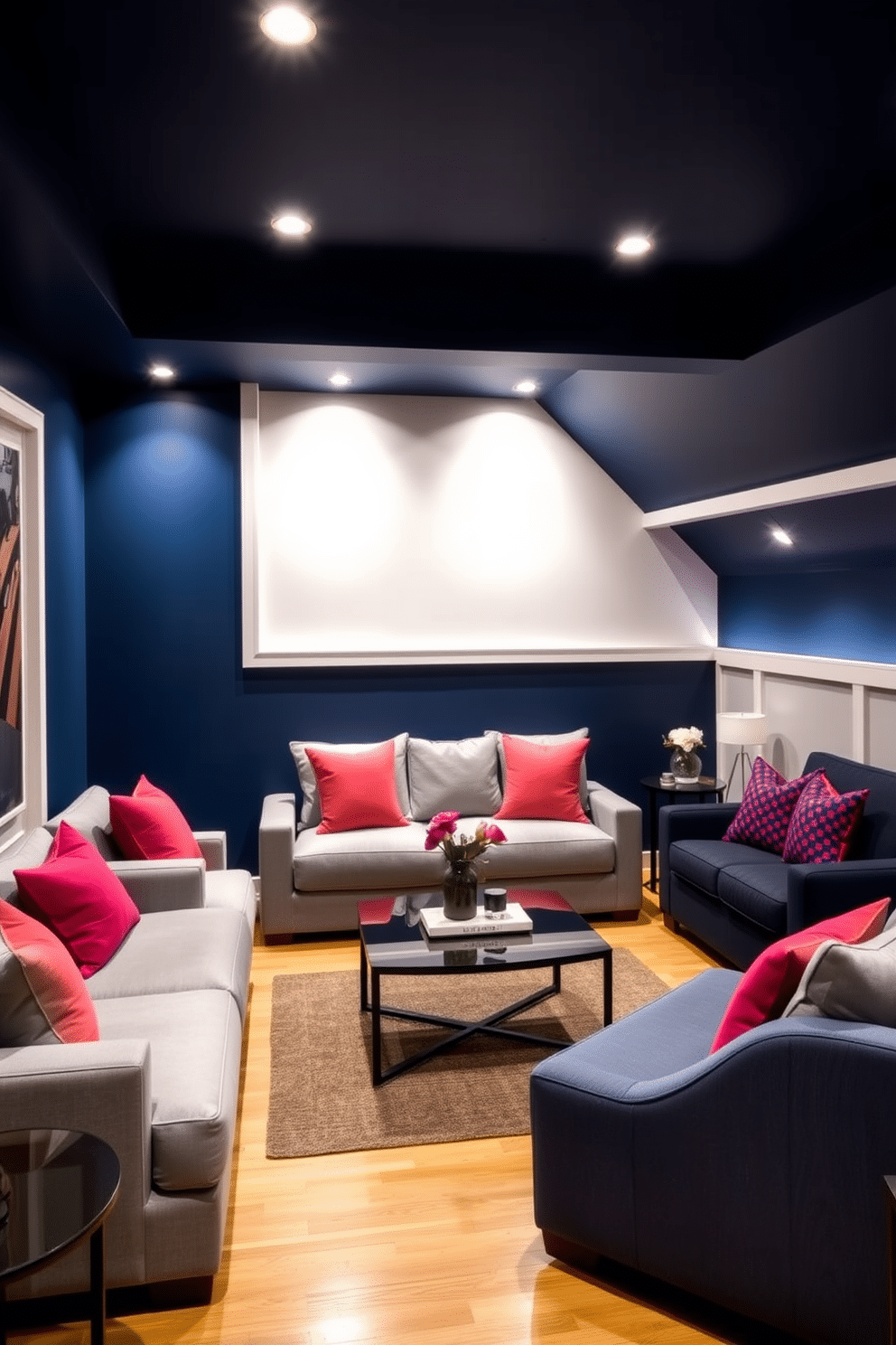 A striking navy blue accent wall creates a dramatic focal point in the basement, enhancing the space's sophistication. The room features plush seating in light gray, complemented by vibrant throw pillows that add a pop of color. Soft ambient lighting highlights the unique architectural details, while a sleek coffee table sits at the center, inviting gatherings. The flooring is a warm wood tone, providing a cozy contrast to the bold wall color.