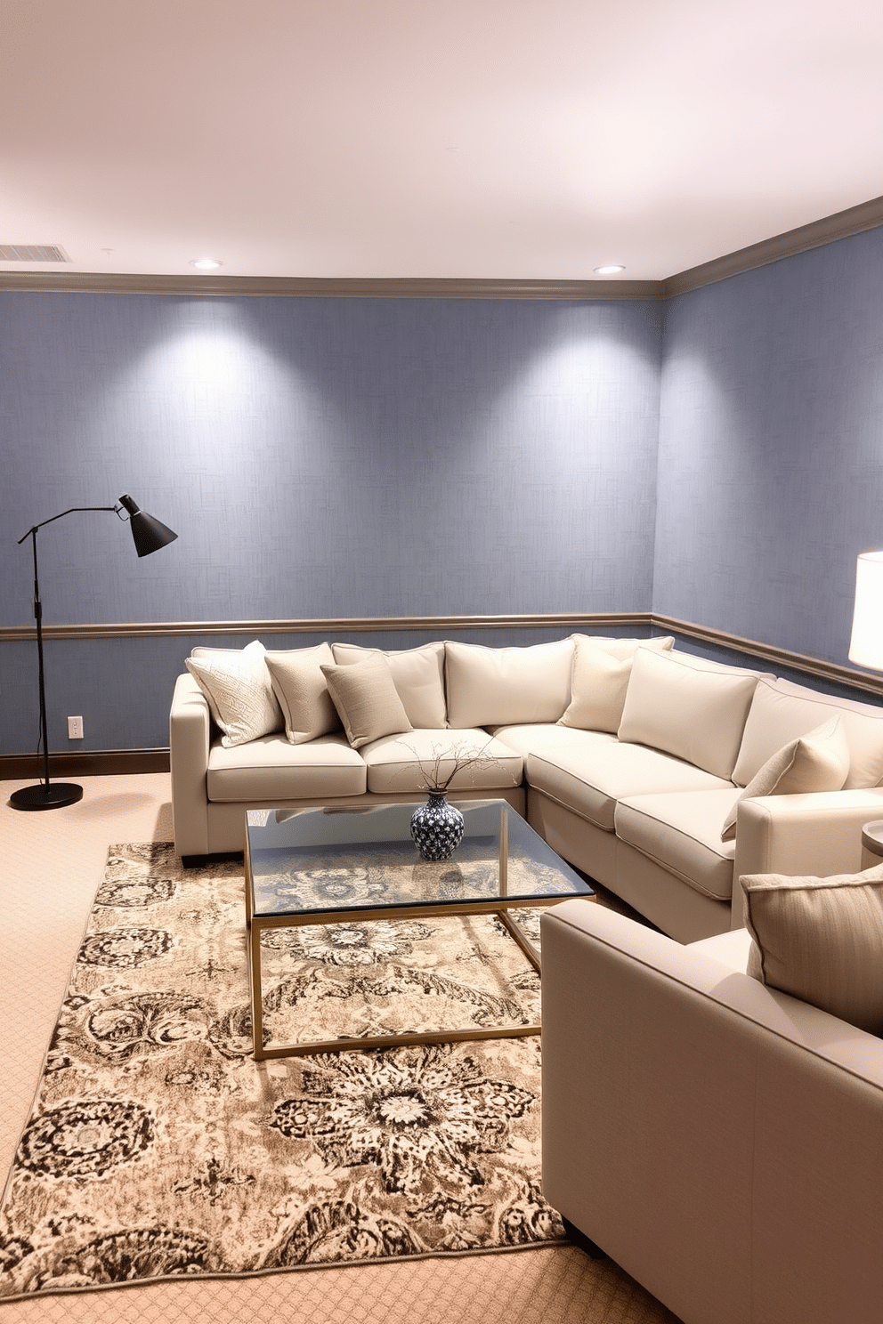 A serene basement retreat featuring muted blue wallpaper that adds a touch of subtle elegance to the space. The room is furnished with a plush sectional sofa in a complementary shade, accented by soft, textured throw pillows. Incorporate a sleek, modern coffee table made of glass and metal at the center, surrounded by a cozy area rug that ties the color scheme together. Ambient lighting from stylish floor lamps creates a warm and inviting atmosphere, perfect for relaxation and entertainment.