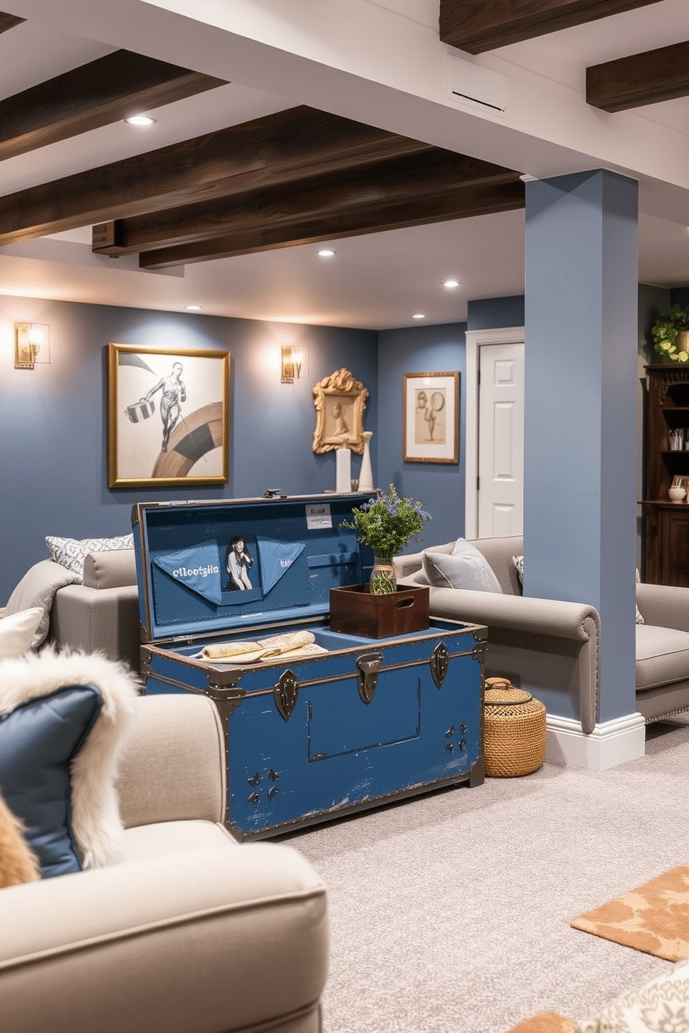 A charming blue vintage trunk serves as a stylish storage solution, adding character to the room. Its weathered finish complements the surrounding decor, creating a cozy and inviting atmosphere. The blue basement design features a blend of modern and rustic elements, with exposed beams and soft ambient lighting. Plush seating arrangements and warm textiles enhance the comfort, making it an ideal space for relaxation and entertainment.