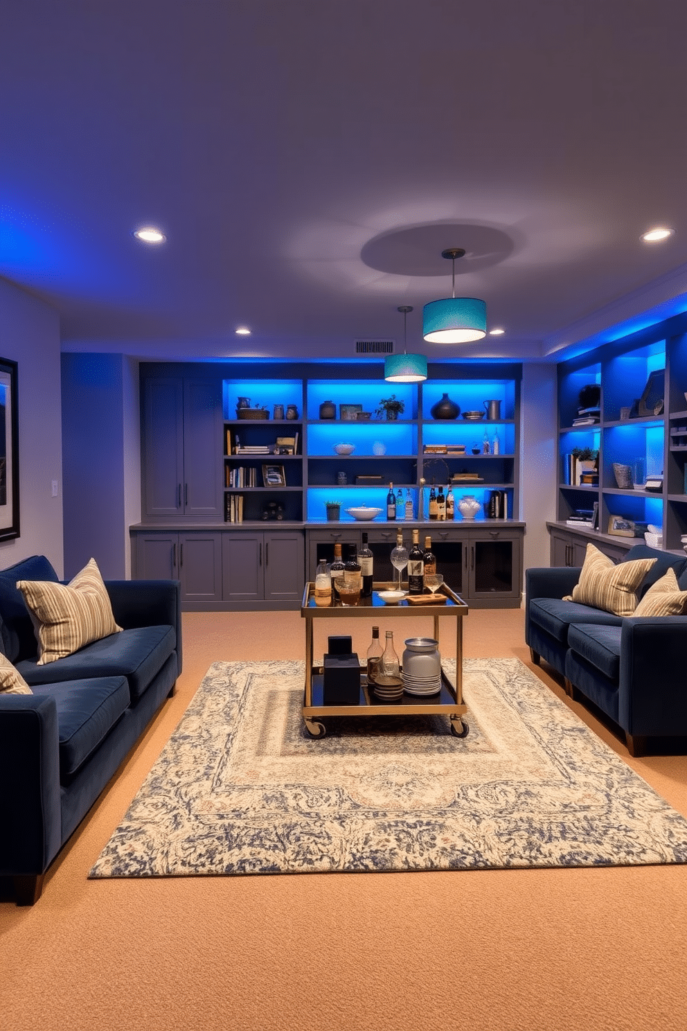 A cozy basement retreat featuring soft blue lighting that casts a warm glow throughout the space. The walls are painted in a light gray, complemented by plush seating in deep navy hues and a large area rug that adds texture underfoot. In one corner, a stylish bar cart showcases an array of drinks, illuminated by pendant lights with blue shades. Shelves filled with books and decorative items line the walls, creating an inviting atmosphere perfect for relaxation or entertaining guests.