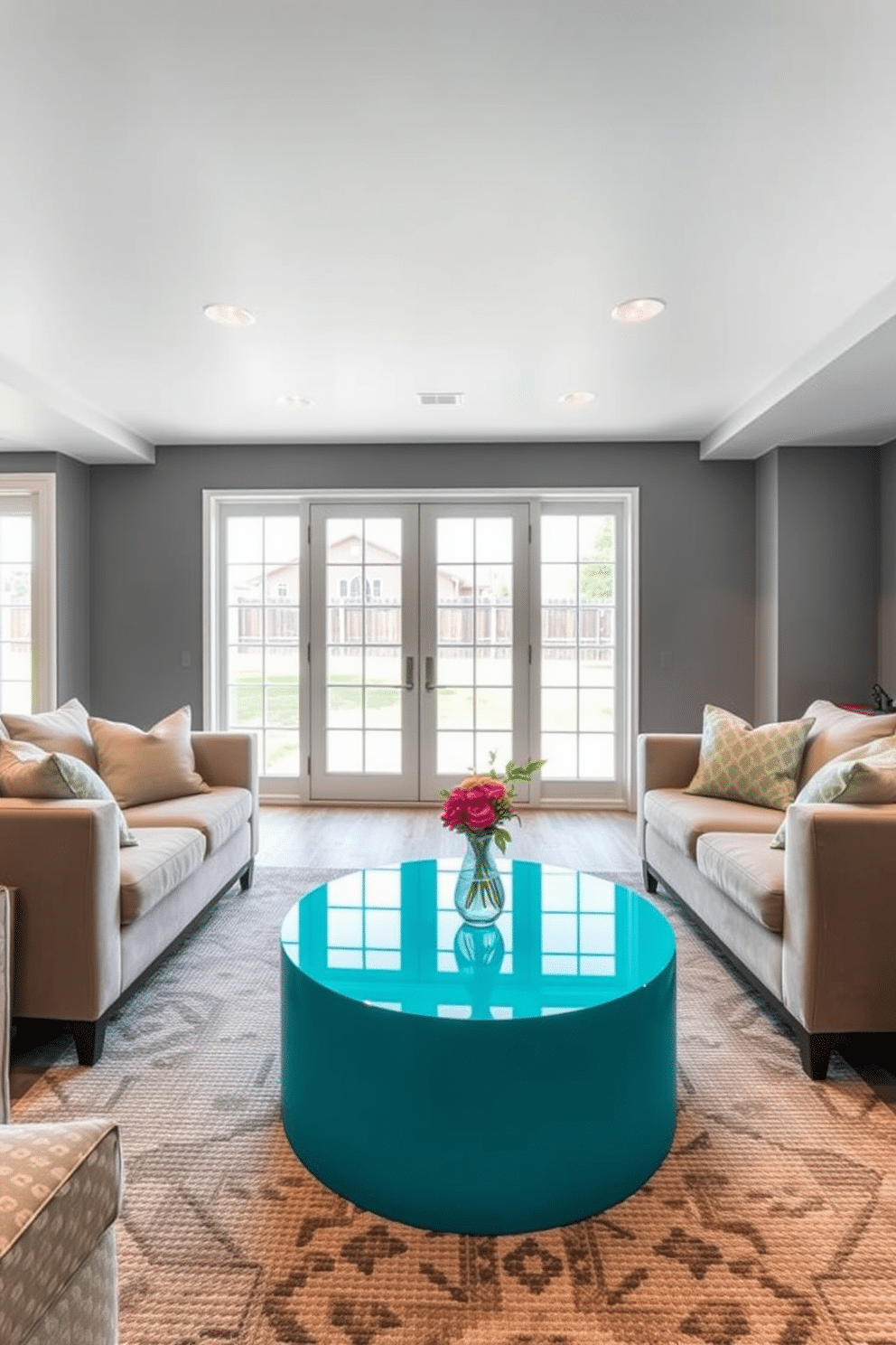 A striking turquoise coffee table serves as the focal point in a modern basement lounge. Surrounding it are plush, neutral-toned sofas that invite relaxation, while a textured area rug adds warmth to the space. The basement is designed with a contemporary aesthetic, featuring sleek gray walls and recessed lighting that enhances the vibrant color of the coffee table. Large windows allow natural light to filter in, creating an airy atmosphere that contrasts beautifully with the bold furniture choice.