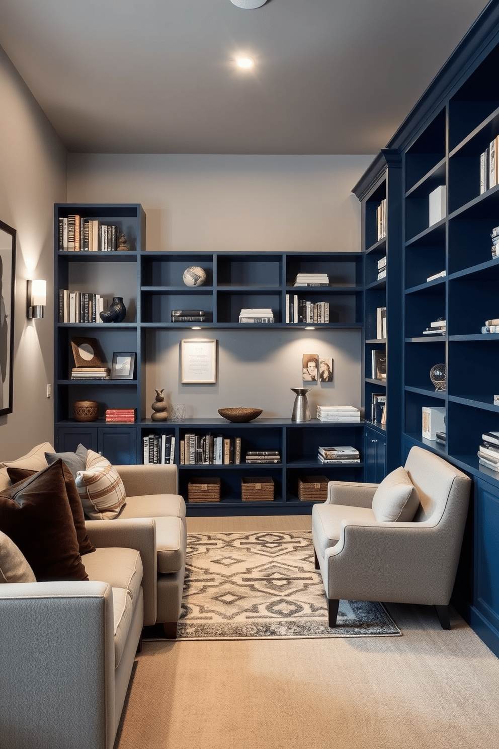 A modern basement featuring indigo blue shelving that elegantly organizes books and decor items. The walls are painted in a soft gray, enhancing the richness of the blue shelves and creating a cozy atmosphere. The basement includes a comfortable seating area with plush, neutral-toned furniture and a stylish area rug. Ambient lighting fixtures are strategically placed to highlight the shelving and create a warm, inviting space.