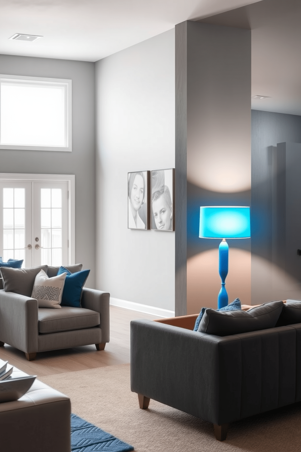 A bright blue accent lamp stands elegantly on a sleek, minimalist side table, casting a warm glow across the room. The walls are painted in a soft gray, contrasting beautifully with the vibrant hue of the lamp, creating a modern and inviting atmosphere. The basement features an open layout, with plush seating arranged around a stylish coffee table, perfect for relaxation and entertainment. Large windows allow natural light to filter in, enhancing the bright blue accents throughout the space and creating a lively yet cozy environment.