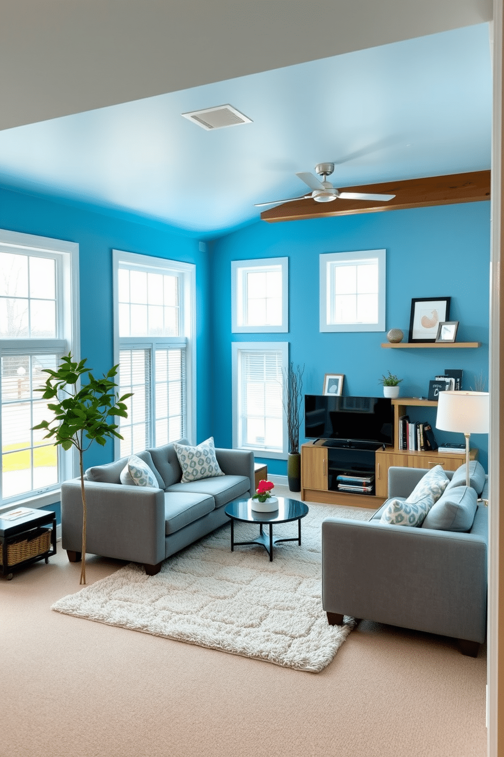 A serene basement retreat featuring sky blue walls that create a refreshing atmosphere. The space is complemented by soft gray furnishings and warm wooden accents, providing a cozy yet modern feel. Large windows allow natural light to flood in, enhancing the blue tones and making the area feel open and inviting. A plush area rug in a neutral shade adds warmth, while decorative shelves showcase personal items and books.