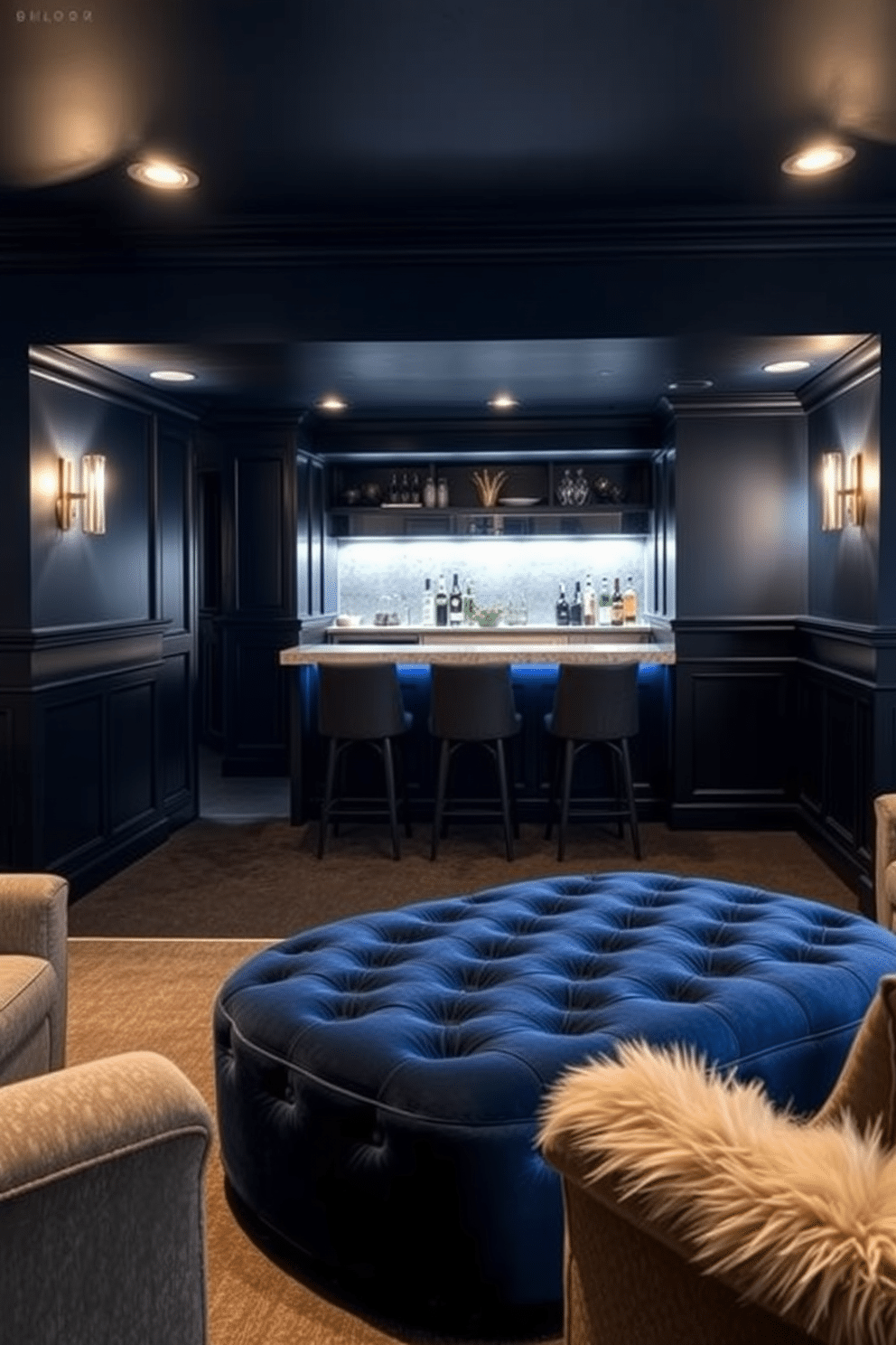 A luxurious blue velvet ottoman sits at the center of a chic basement lounge, offering both style and comfort. Surrounding it are plush seating options, with soft lighting casting a warm glow over the space. The walls are painted in a deep navy blue, creating an intimate atmosphere that complements the rich texture of the velvet. A sleek bar area with modern finishes adds an element of sophistication, making this basement perfect for entertaining guests.