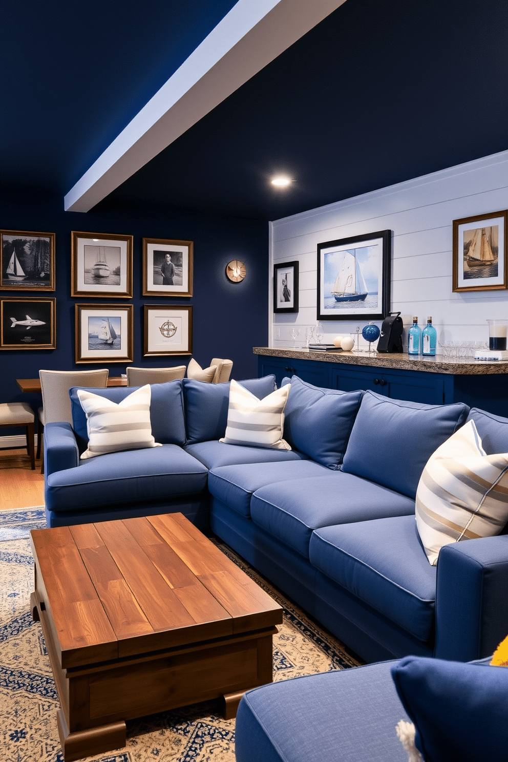 Nautical blue decor for a themed space. The walls are painted a deep navy, complemented by white shiplap accents. A large, plush sectional sofa in a soft blue fabric is adorned with striped throw pillows. Nautical-themed artwork, including framed vintage maps and sailing photographs, decorates the walls. Blue Basement Design Ideas. The basement features a cozy lounge area with a slate blue sectional and a reclaimed wood coffee table. Soft, ambient lighting highlights the textured walls painted in a lighter shade of blue, while a stylish bar area showcases blue-hued glassware and nautical decor accents.