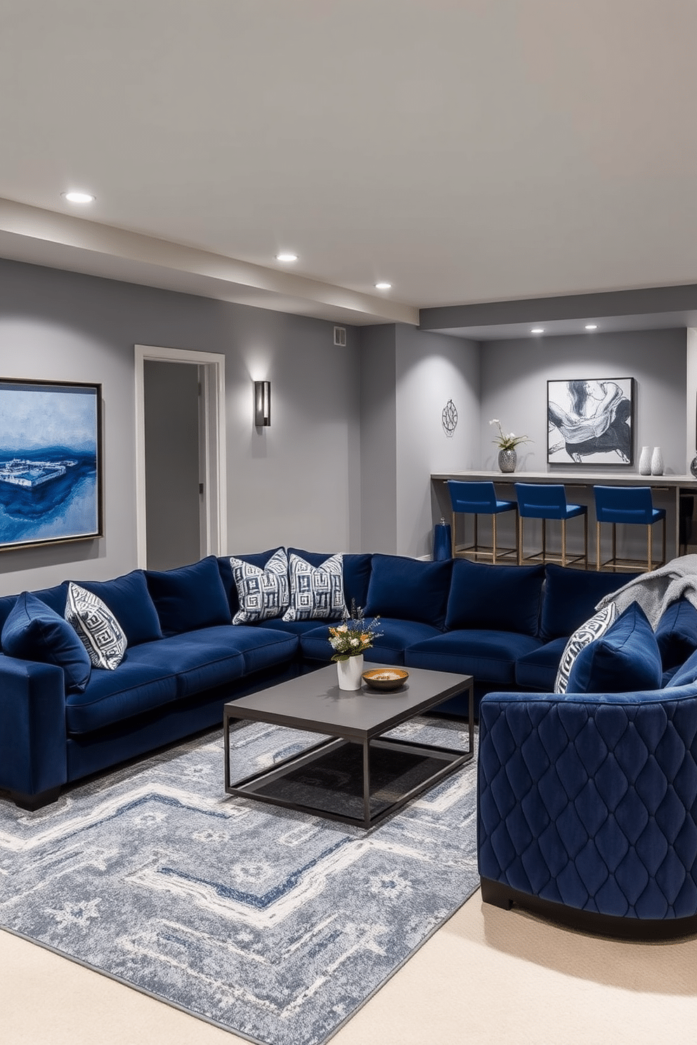 A sophisticated basement retreat featuring a blue and gray color scheme. The walls are painted a soft gray, while rich navy blue accents are incorporated through plush furnishings and decorative pillows. The centerpiece is a large sectional sofa in deep blue, complemented by a sleek gray coffee table. Ambient lighting casts a warm glow, highlighting the textured gray area rug beneath the seating area. In one corner, a stylish bar area showcases a polished gray countertop with blue bar stools, perfect for entertaining. Elegant artwork in shades of blue and gray adorns the walls, enhancing the overall sophistication of the space.