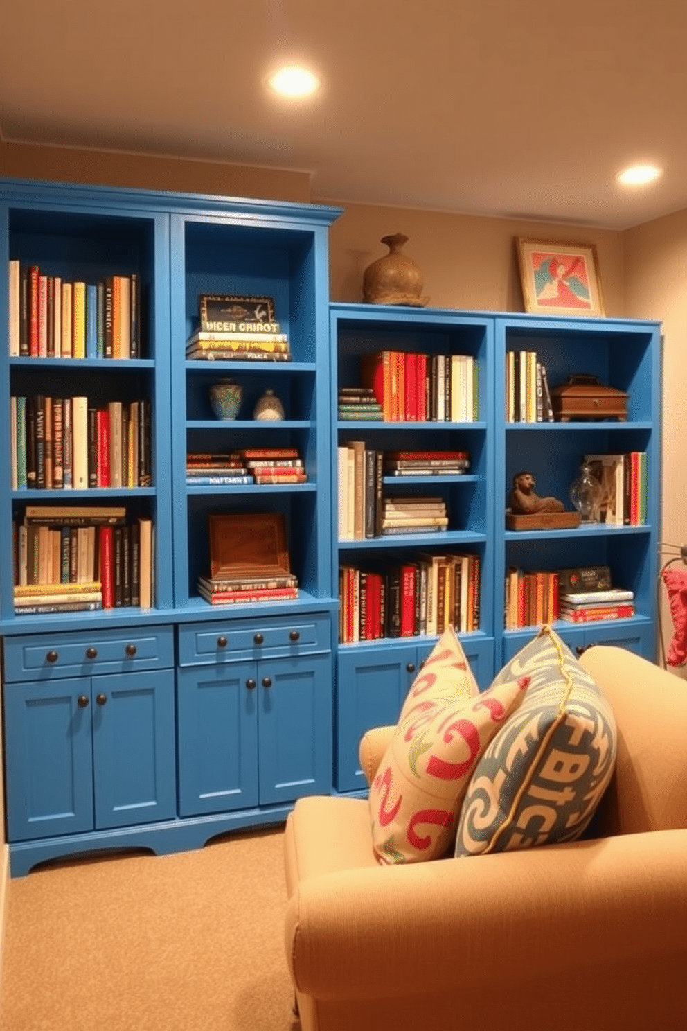 Bright blue bookcases create a whimsical and vibrant atmosphere, perfect for showcasing a collection of colorful books and decorative items. The playful hue contrasts beautifully with neutral walls, adding a pop of personality to the space. Incorporating bright blue into a basement design can transform the area into a lively retreat. Consider using the bookcases as a focal point, complemented by cozy seating and warm lighting to create an inviting ambiance.