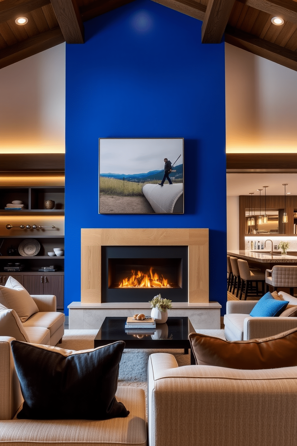 A striking cobalt blue fireplace serves as the focal point of the room, surrounded by a sleek, modern mantel in a contrasting light wood finish. The space is accentuated with plush seating in neutral tones, creating a cozy yet vibrant atmosphere. The basement is designed with an open layout, featuring a combination of comfortable lounge areas and a stylish bar. Soft lighting highlights the unique cobalt blue accents, while rich textures and materials add depth and sophistication to the overall design.