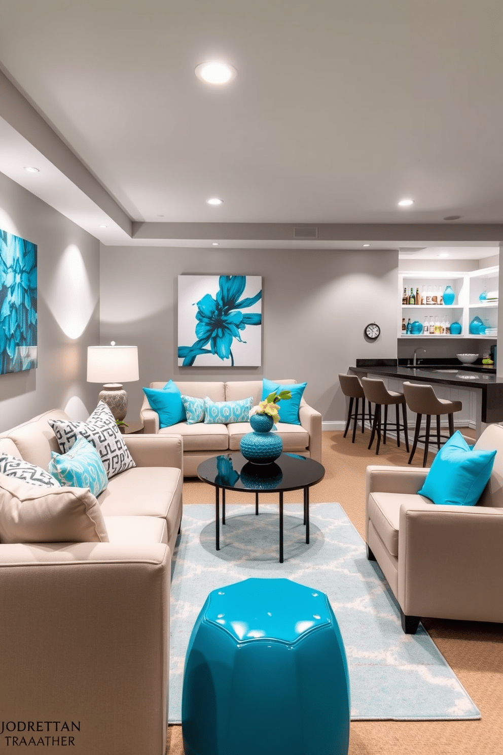 A stylish basement retreat featuring aqua blue accessories that add a vibrant pop of color. The walls are painted a soft gray, complemented by plush seating in neutral tones, creating a cozy yet lively atmosphere. The aqua blue accents are showcased through decorative pillows, a chic area rug, and artwork that brings energy to the space. Ambient lighting highlights the unique features of the basement, while a sleek bar area adds functionality for entertaining guests.