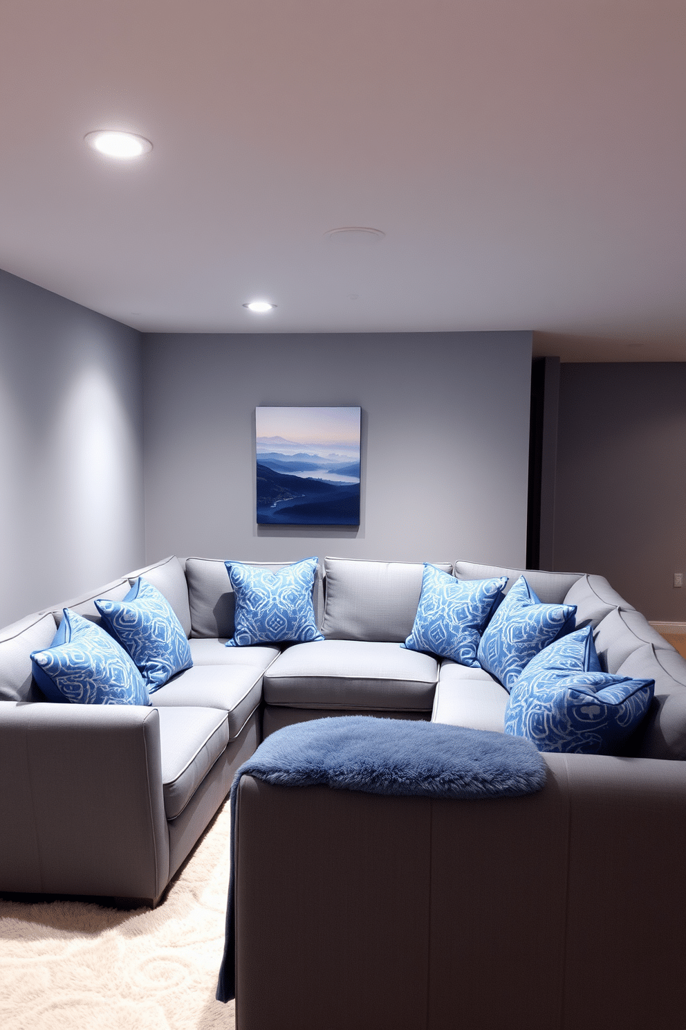 A cozy blue basement designed for relaxation. The space features a sectional sofa adorned with blue patterned cushions that add visual interest and comfort. Soft ambient lighting creates a warm atmosphere, while a plush area rug anchors the seating area. The walls are painted in a soft gray, complementing the blue accents and enhancing the overall tranquility of the space.