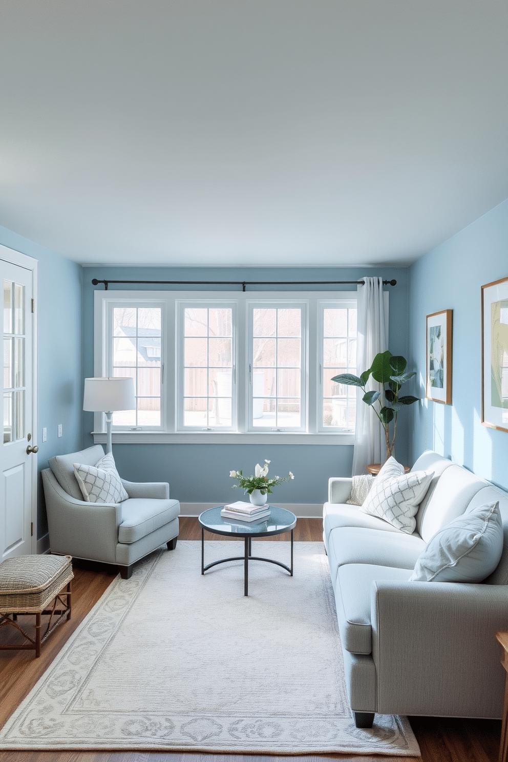 A serene basement retreat adorned with pastel blue decor. The walls are painted in a soft pastel blue, complemented by plush seating in light gray and white accents. Natural light filters in through large windows, enhancing the calming atmosphere. A cozy area rug in a subtle pattern anchors the space, while decorative cushions add a touch of warmth.