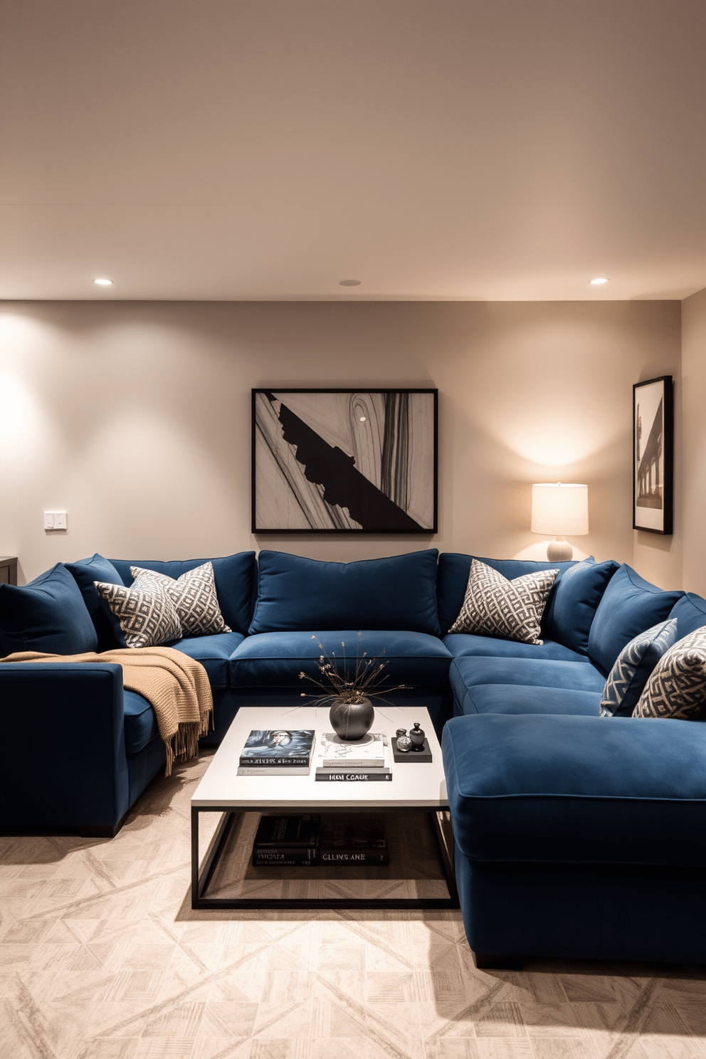 A spacious basement lounge features a cushioned blue sectional sofa that invites relaxation and comfort. Surrounding the sofa, soft lighting illuminates the room, creating a warm and inviting atmosphere perfect for gatherings. The walls are painted in a light gray hue, complementing the blue sofa and enhancing the overall aesthetic. A sleek coffee table sits in front of the sectional, adorned with decorative books and a stylish centerpiece.