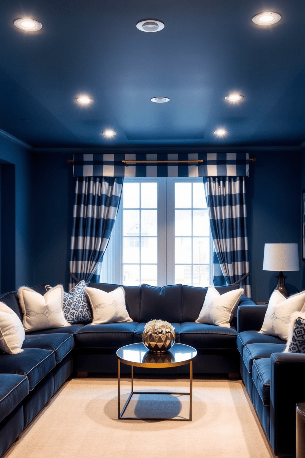 A stylish blue basement featuring a cozy seating area with plush navy sofas and white accent pillows. The space is illuminated by recessed lighting and features blue and white striped curtains that frame the large windows, adding a touch of elegance. The walls are painted in a soft blue hue, creating a serene atmosphere, while the floor is covered with a light-colored carpet for comfort. Decorative elements like a sleek coffee table and artwork with blue tones enhance the overall design, making it a perfect retreat for relaxation.